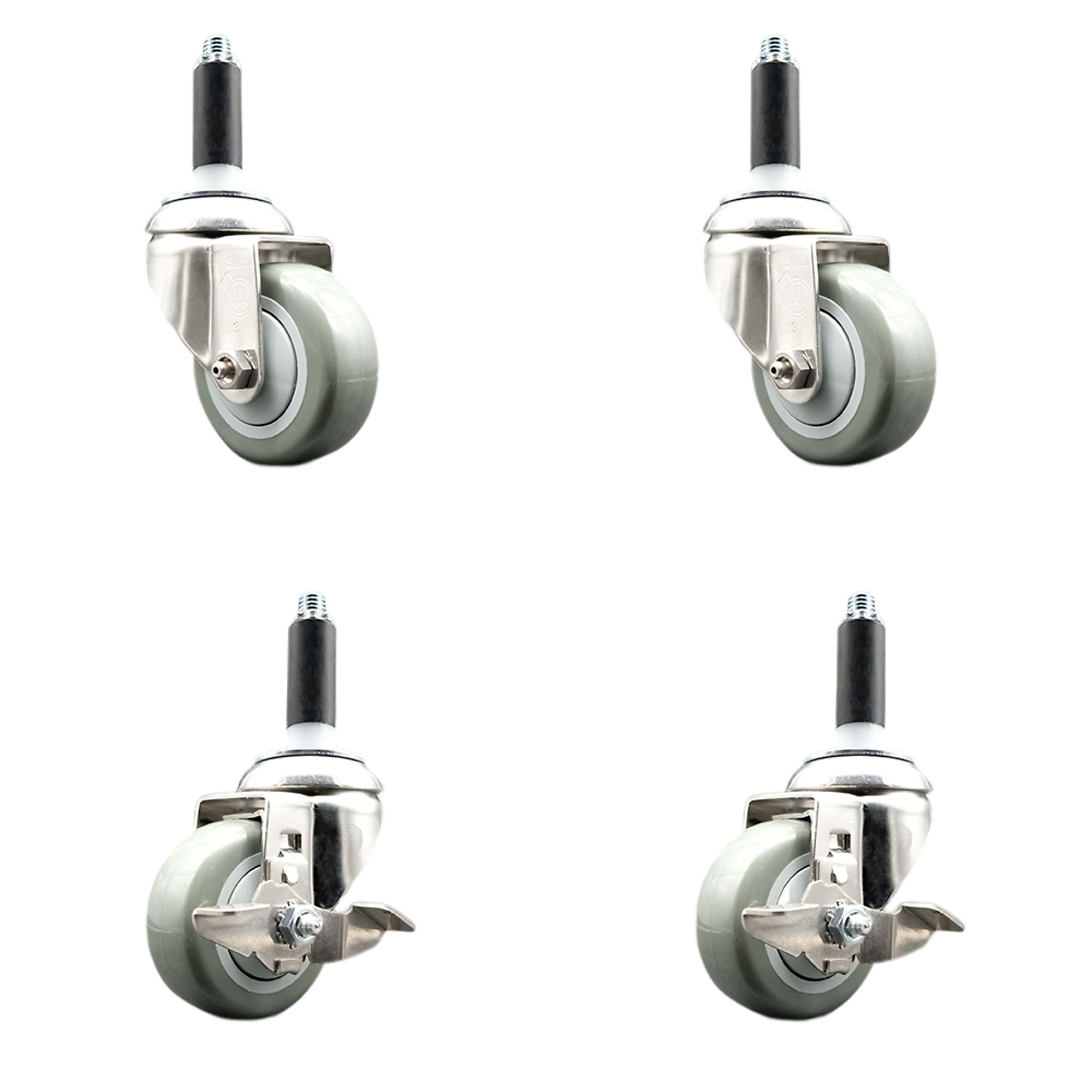 Service Caster, 3Inch x 1 1/4Inch Stem Casters, Wheel Diameter 3 in, Caster Type Swivel, Package (qty.) 4, Model SCC-SS316EX20S314-PPUB-2-TLB-2-34