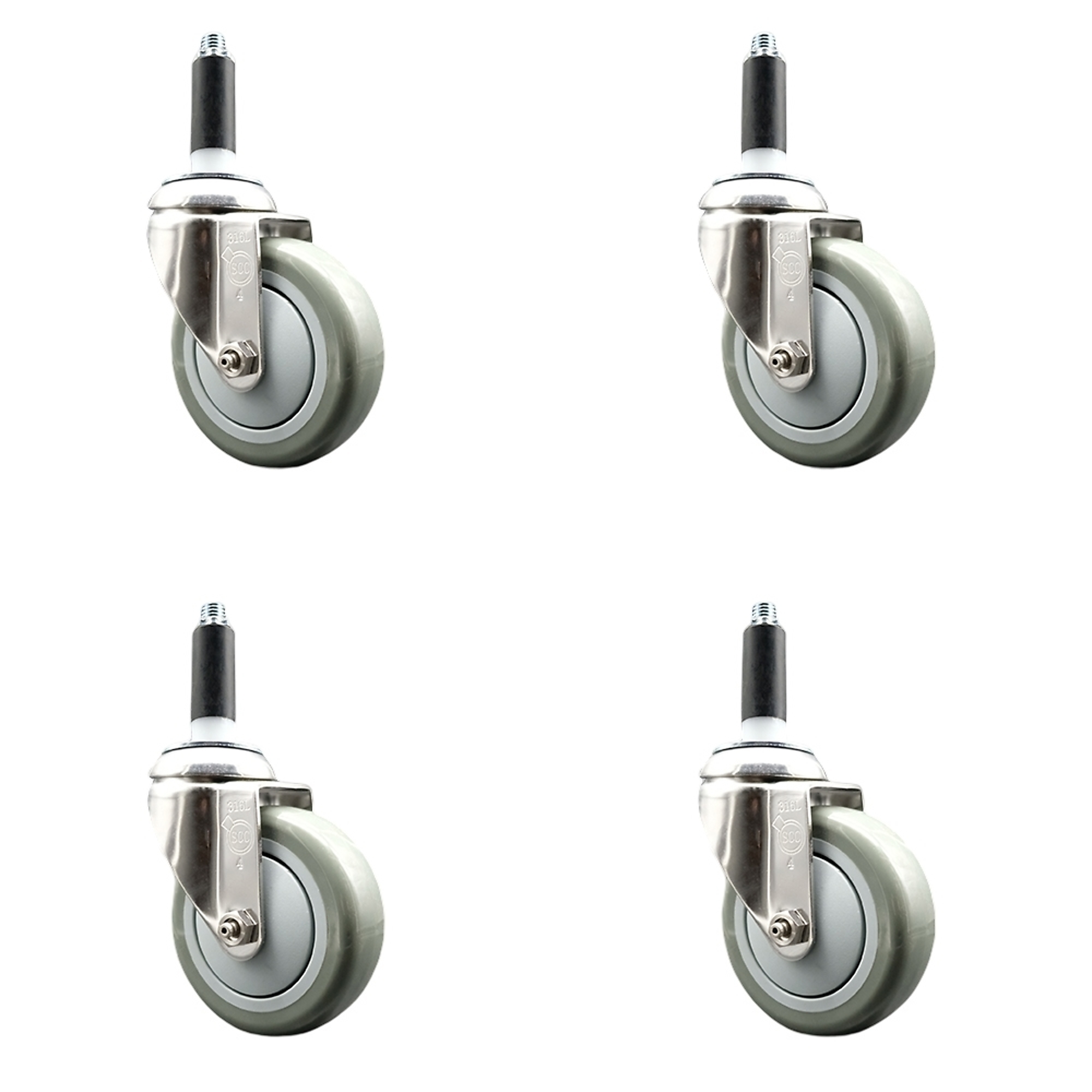 Service Caster, 4Inch x 1 1/4Inch Stem Casters, Wheel Diameter 4 in, Caster Type Swivel, Package (qty.) 4, Model SCC-SS316EX20S414-PPUB-34-4