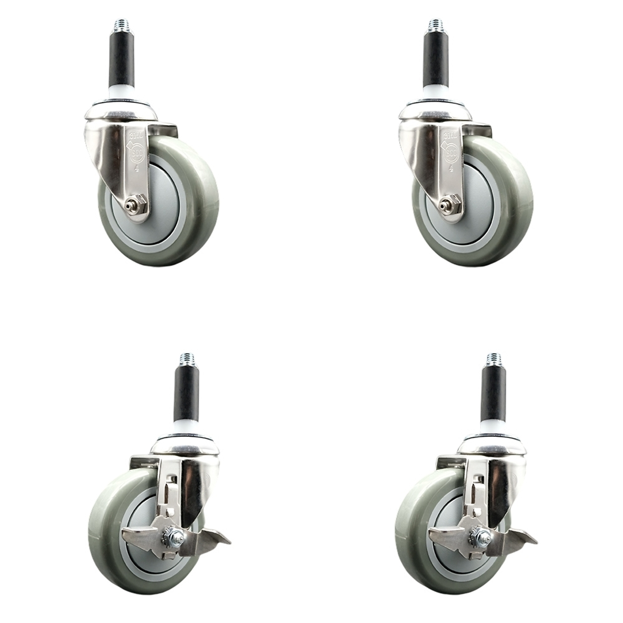 Service Caster, 4Inch x 1 1/4Inch Stem Casters, Wheel Diameter 4 in, Caster Type Swivel, Package (qty.) 4, Model SCC-SS316EX20S414-PPUB-2-TLB-2-34