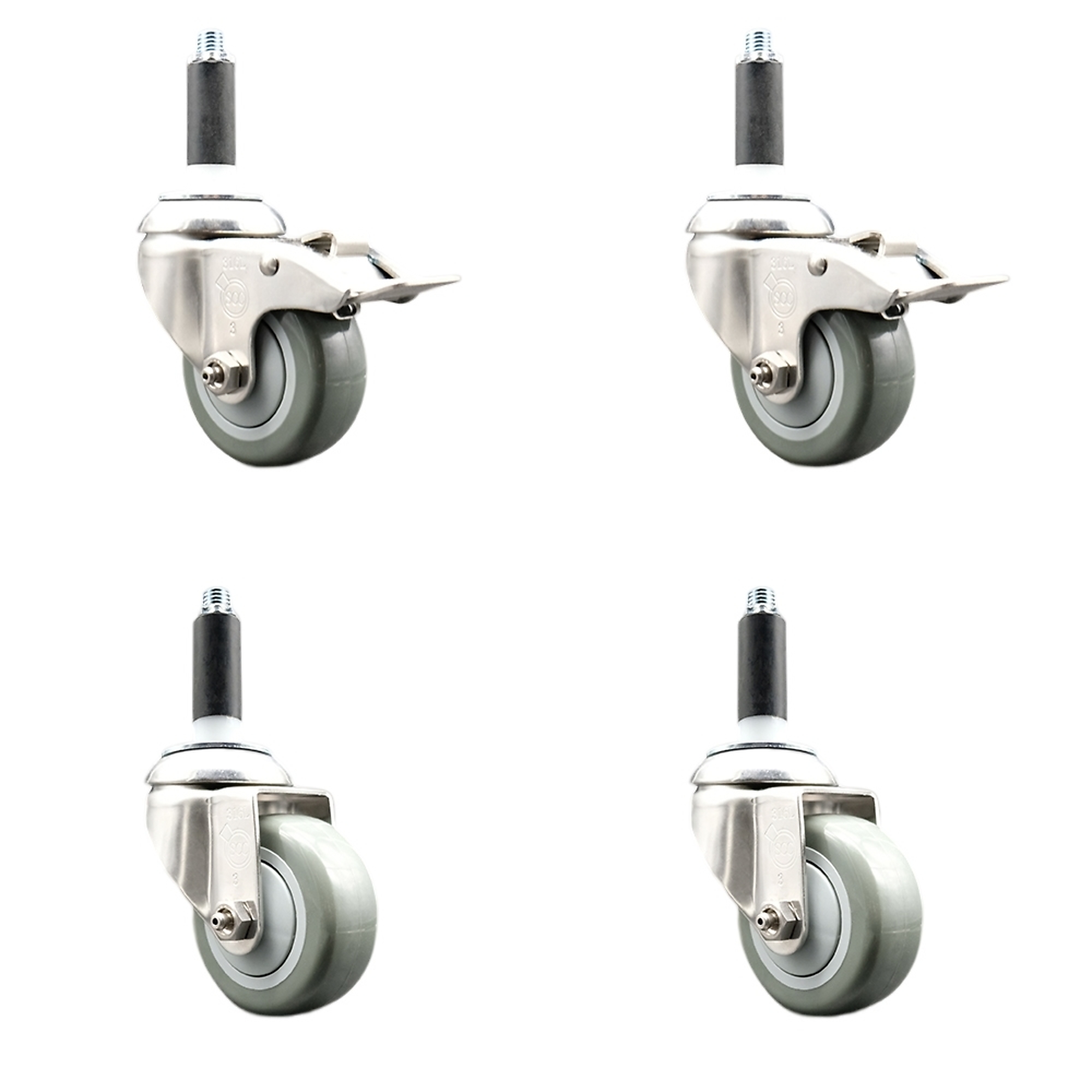 Service Caster, 3Inch x 1 1/4Inch Stem Casters, Wheel Diameter 3 in, Caster Type Swivel, Package (qty.) 4, Model SCC-SS316TTLEX20S314-PPUB-2-S-2-78