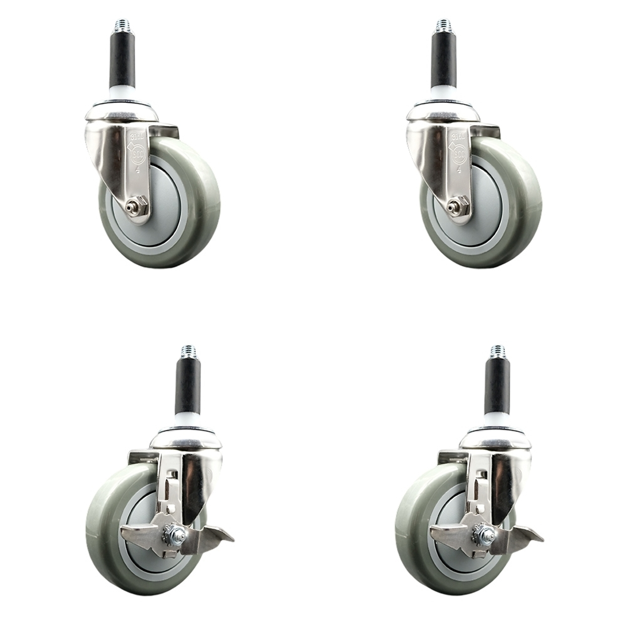 Service Caster, 4Inch x 1 1/4Inch Stem Casters, Wheel Diameter 4 in, Caster Type Swivel, Package (qty.) 4, Model SCC-SS316EX20S414-PPUB-2-TLB-2-78