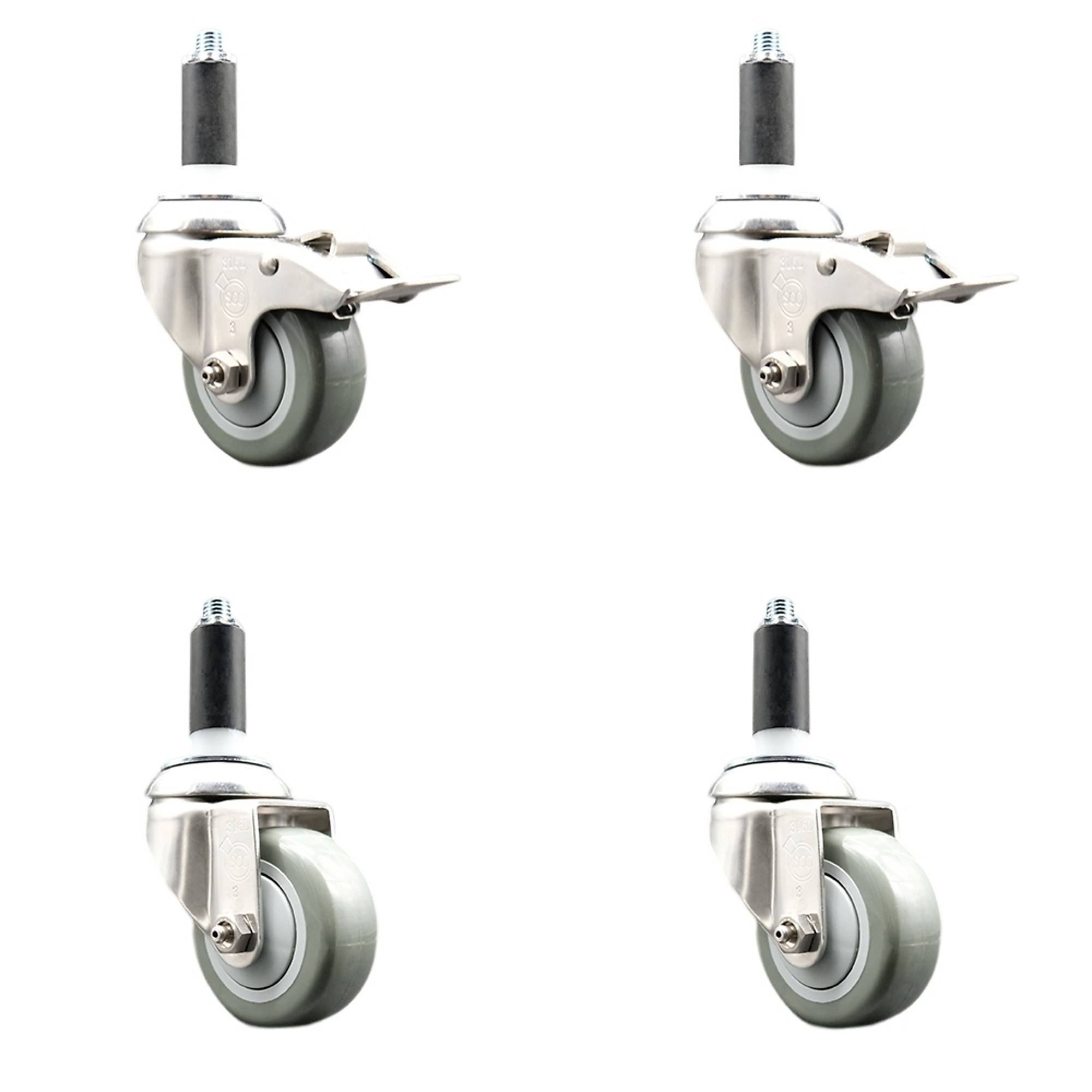 Service Caster, 3Inch x 1 1/4Inch Stem Casters, Wheel Diameter 3 in, Caster Type Swivel, Package (qty.) 4, Model SCC-SS316TTLEX20S314-PPUB-2-S-2-1