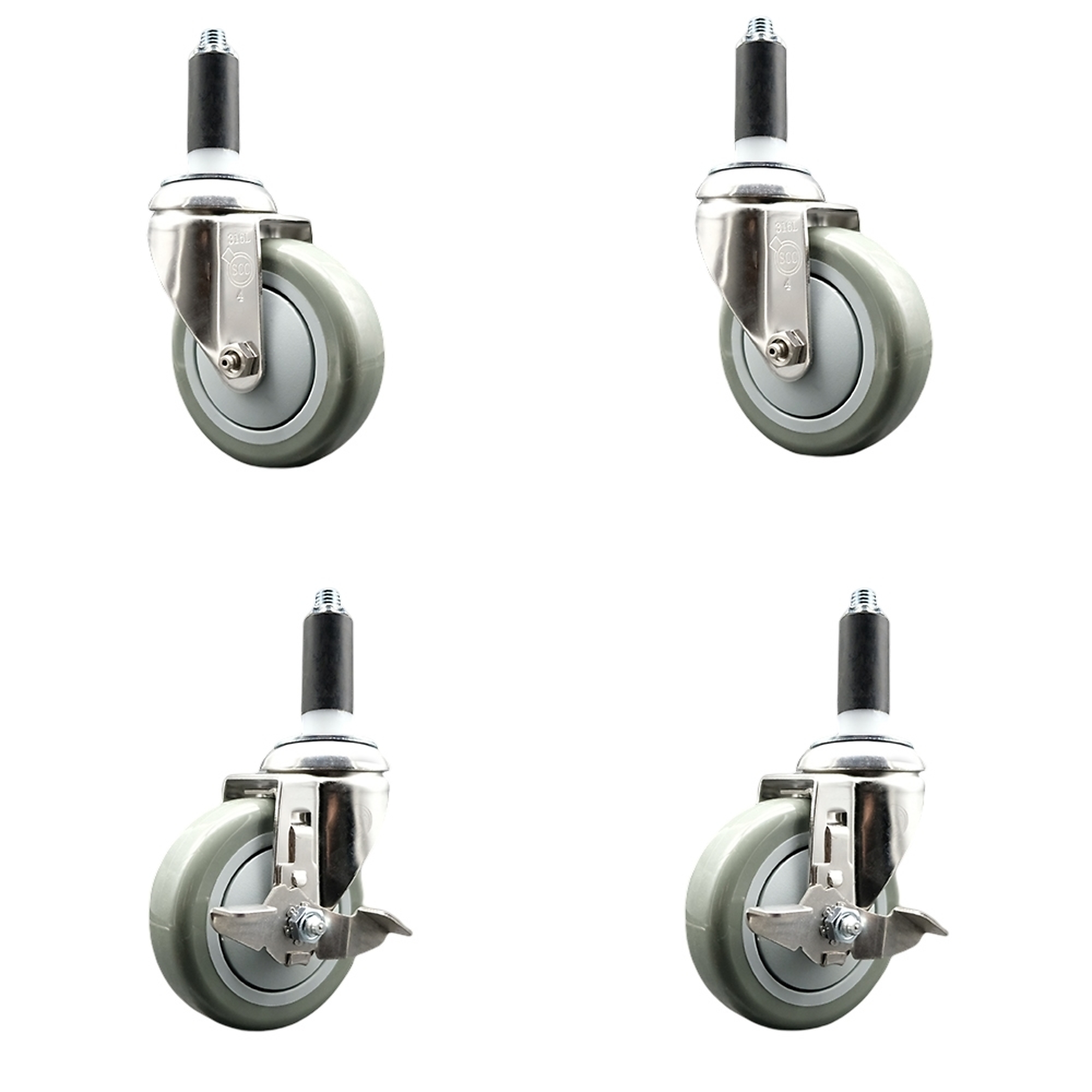 Service Caster, 4Inch x 1 1/4Inch Stem Casters, Wheel Diameter 4 in, Caster Type Swivel, Package (qty.) 4, Model SCC-SS316EX20S414-PPUB-2-TLB-2-1