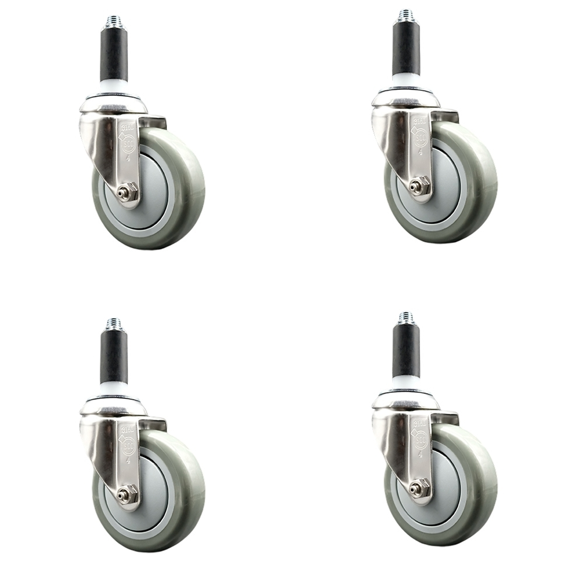 Service Caster, 4Inch x 1 1/4Inch Stem Casters, Wheel Diameter 4 in, Caster Type Swivel, Package (qty.) 4, Model SCC-SS316EX20S414-PPUB-1-4