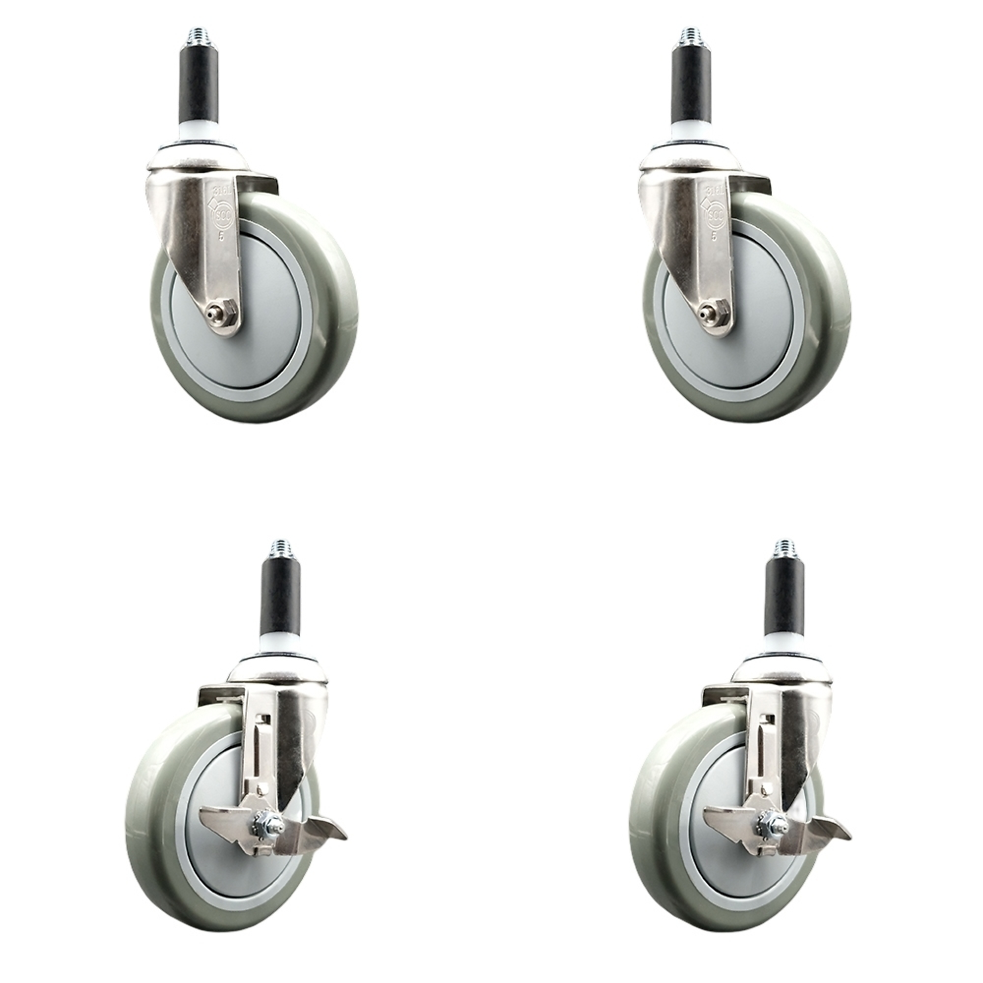 Service Caster, 5Inch x 1 1/4Inch Stem Casters, Wheel Diameter 5 in, Caster Type Swivel, Package (qty.) 4, Model SCC-SS316EX20S514-PPUB-2-TLB-2-1