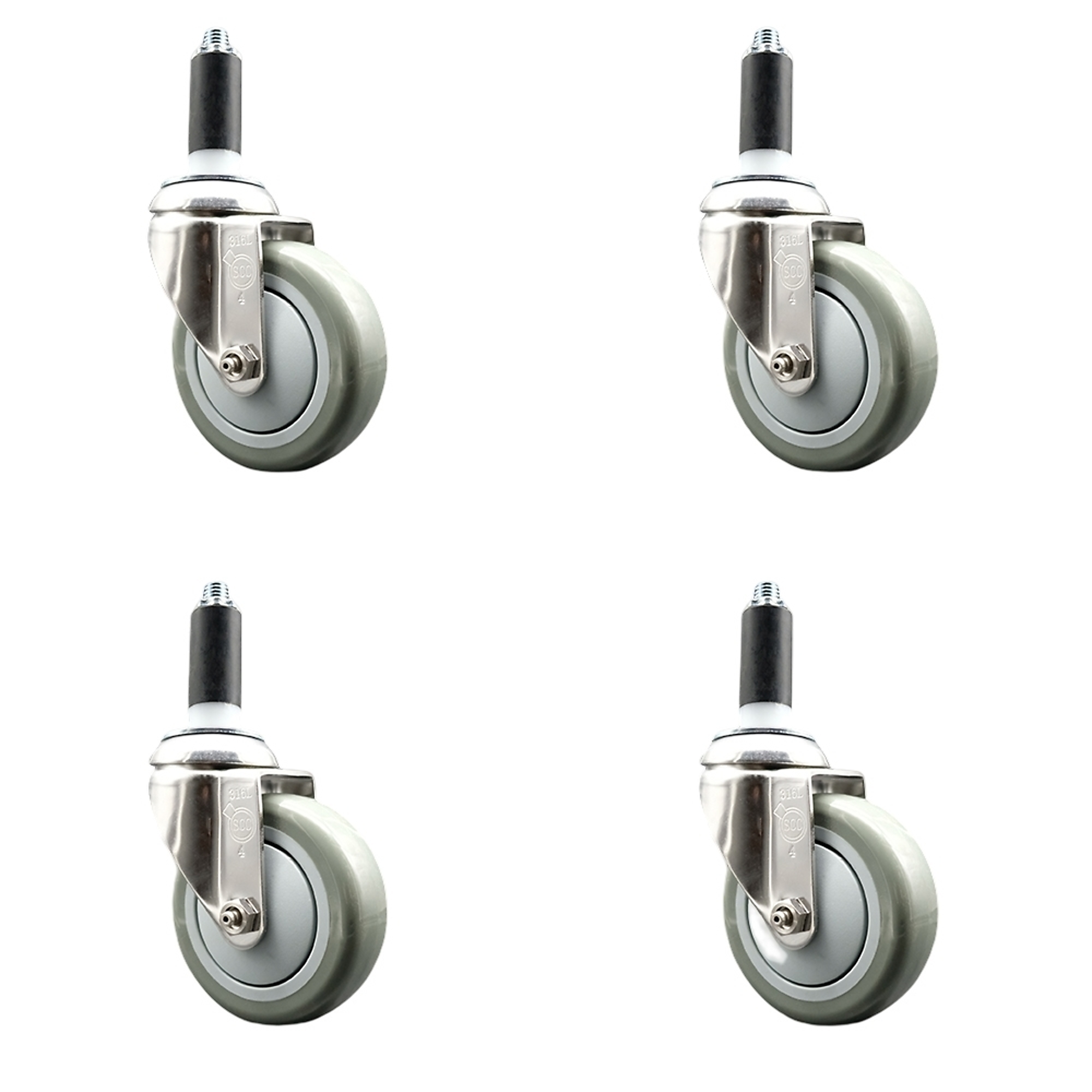 Service Caster, 4Inch x 1 1/4Inch Stem Casters, Wheel Diameter 4 in, Caster Type Swivel, Package (qty.) 4, Model SCC-SS316EX20S414-PPUB-118-4