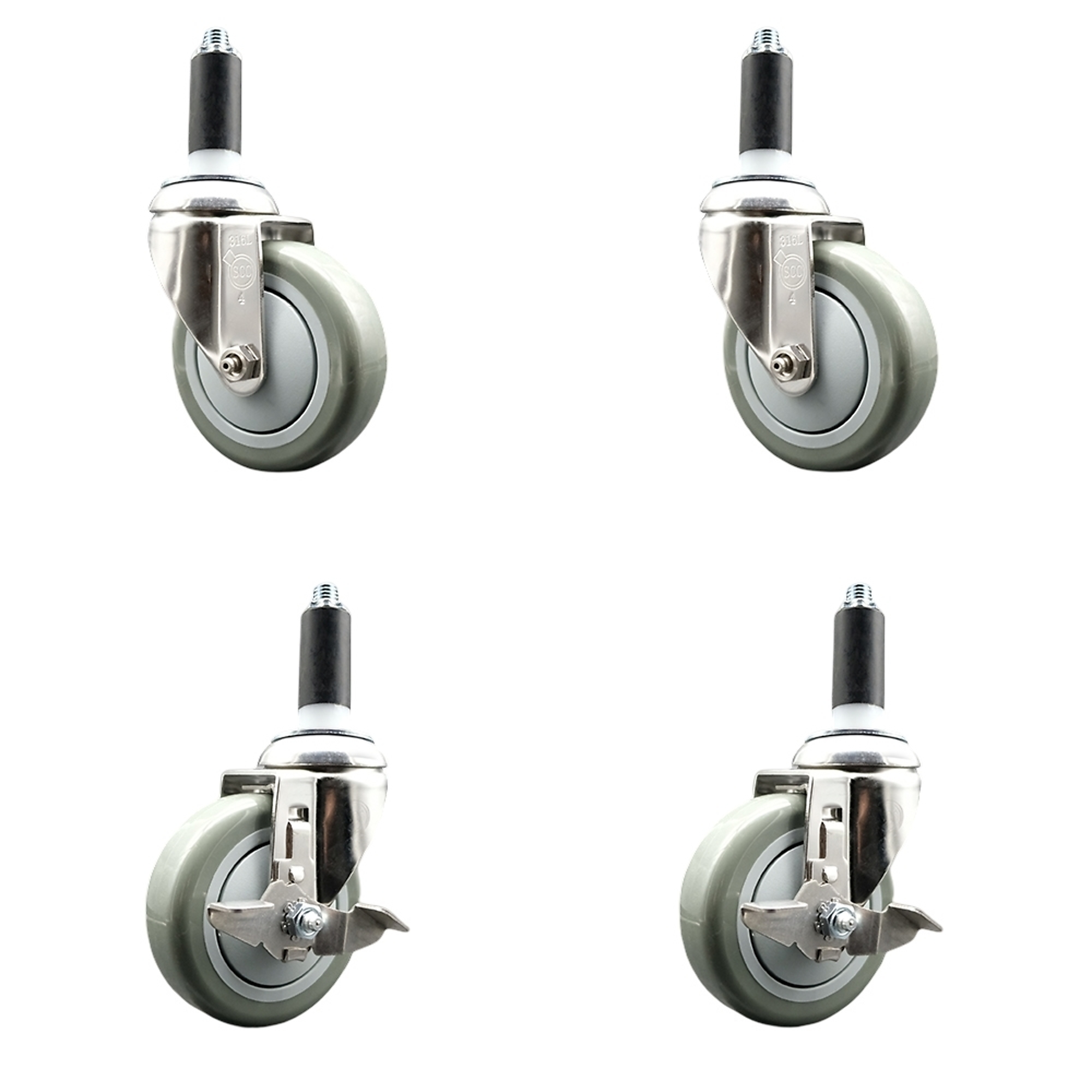 Service Caster, 4Inch x 1 1/4Inch Stem Casters, Wheel Diameter 4 in, Caster Type Swivel, Package (qty.) 4, Model SCC-SS316EX20S414-PPUB-2-TLB-2-118