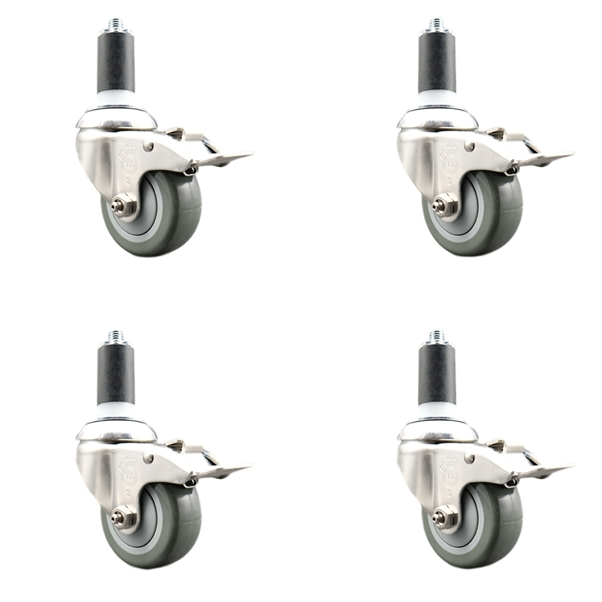 Service Caster, 3Inch x 1 1/4Inch Stem Casters, Wheel Diameter 3 in, Caster Type Swivel, Package (qty.) 4, Model SCC-SS316TTLEX20S314-PPUB-114-4