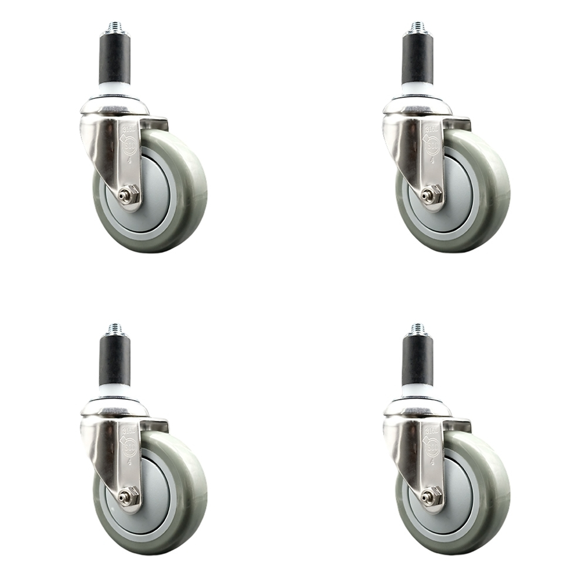 Service Caster, 4Inch x 1 1/4Inch Stem Casters, Wheel Diameter 4 in, Caster Type Swivel, Package (qty.) 4, Model SCC-SS316EX20S414-PPUB-114-4