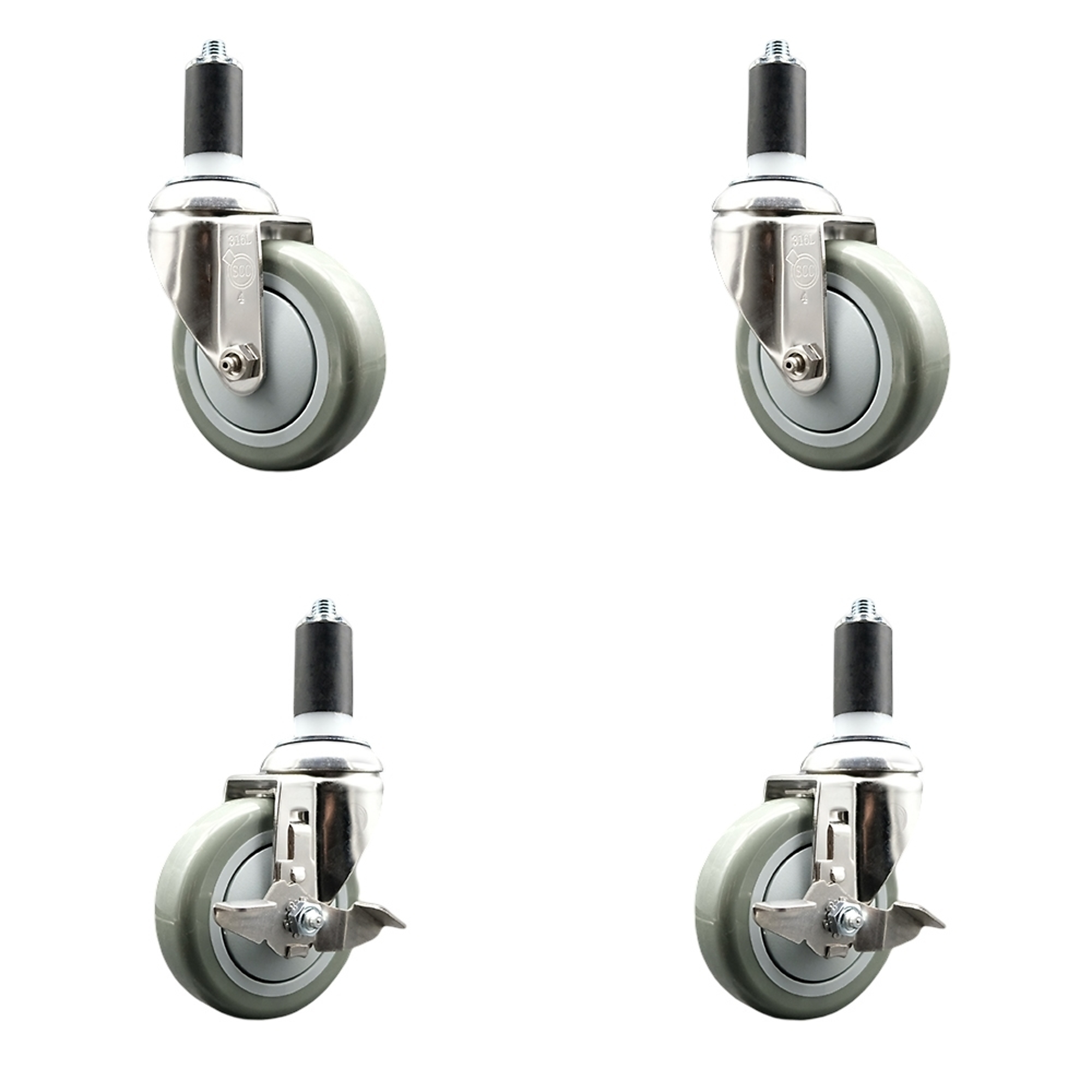 Service Caster, 4Inch x 1 1/4Inch Stem Casters, Wheel Diameter 4 in, Caster Type Swivel, Package (qty.) 4, Model SCC-SS316EX20S414-PPUB-2-TLB-2-114