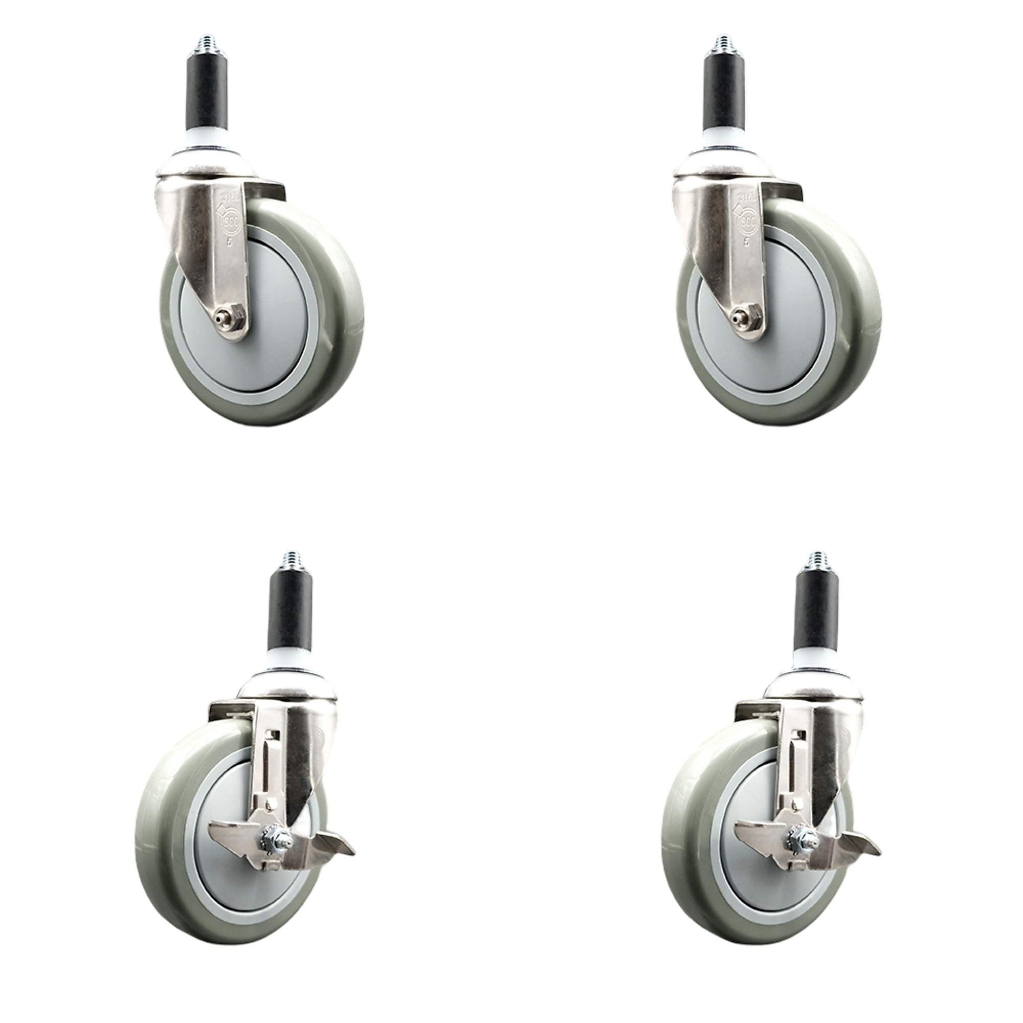 Service Caster, 5Inch x 1 1/4Inch Stem Casters, Wheel Diameter 5 in, Caster Type Swivel, Package (qty.) 4, Model SCC-SS316EX20S514-PPUB-2-TLB-2-114