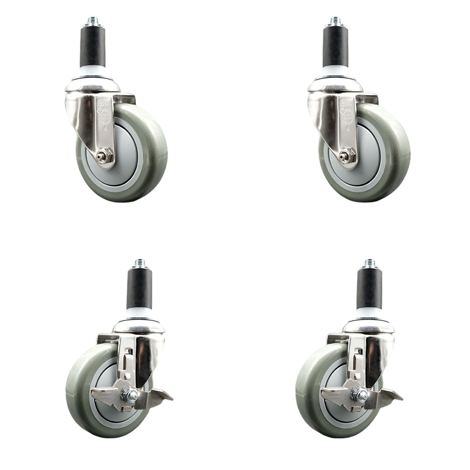 Service Caster, 4Inch x 1 1/4Inch Stem Casters, Wheel Diameter 4 in, Caster Type Swivel, Package (qty.) 4, Model SCC-SS316EX20S414-PPUB-2-TLB-2-138