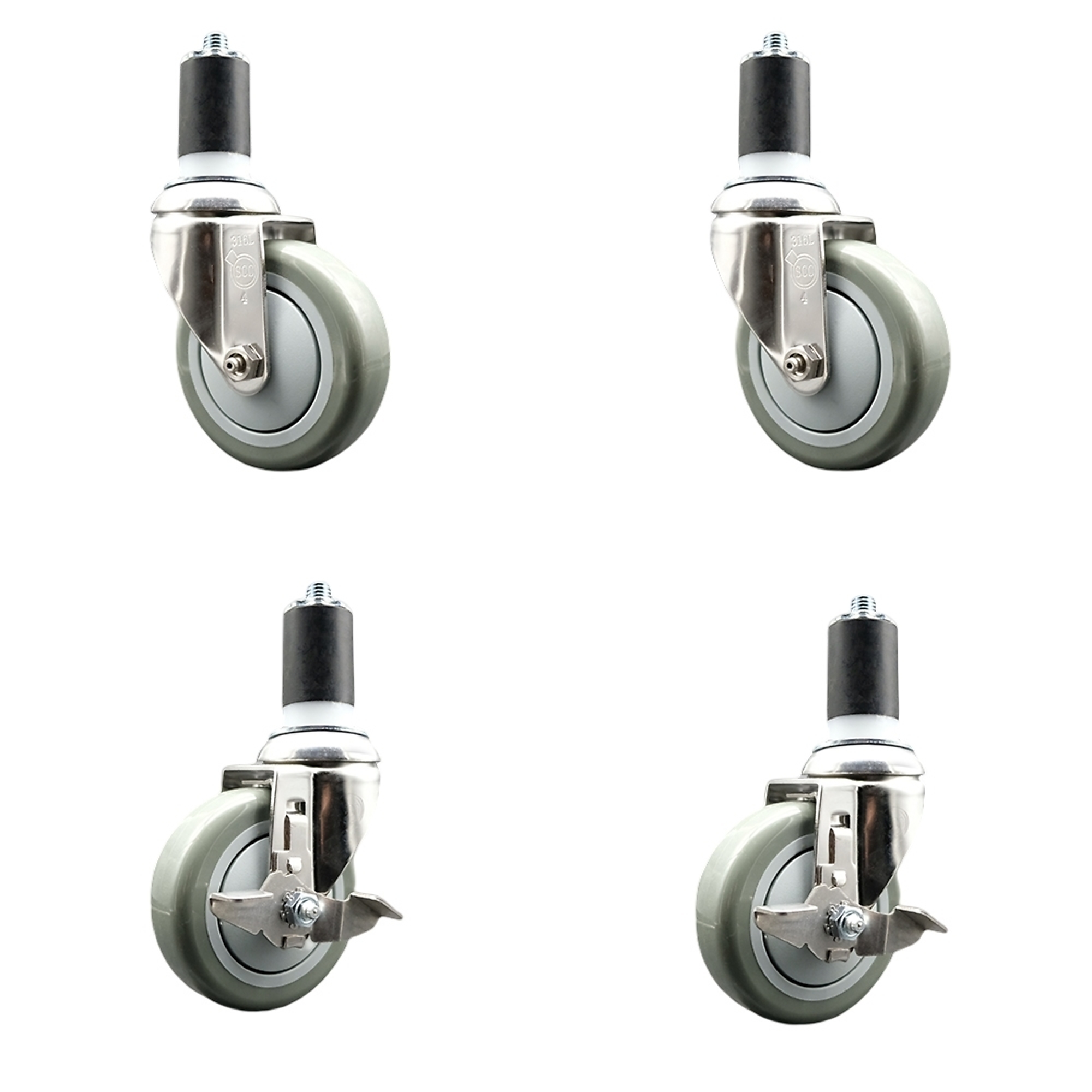 Service Caster, 4Inch x 1 1/4Inch Stem Casters, Wheel Diameter 4 in, Caster Type Swivel, Package (qty.) 4, Model SCC-SS316EX20S414-PPUB-2-TLB-2-112