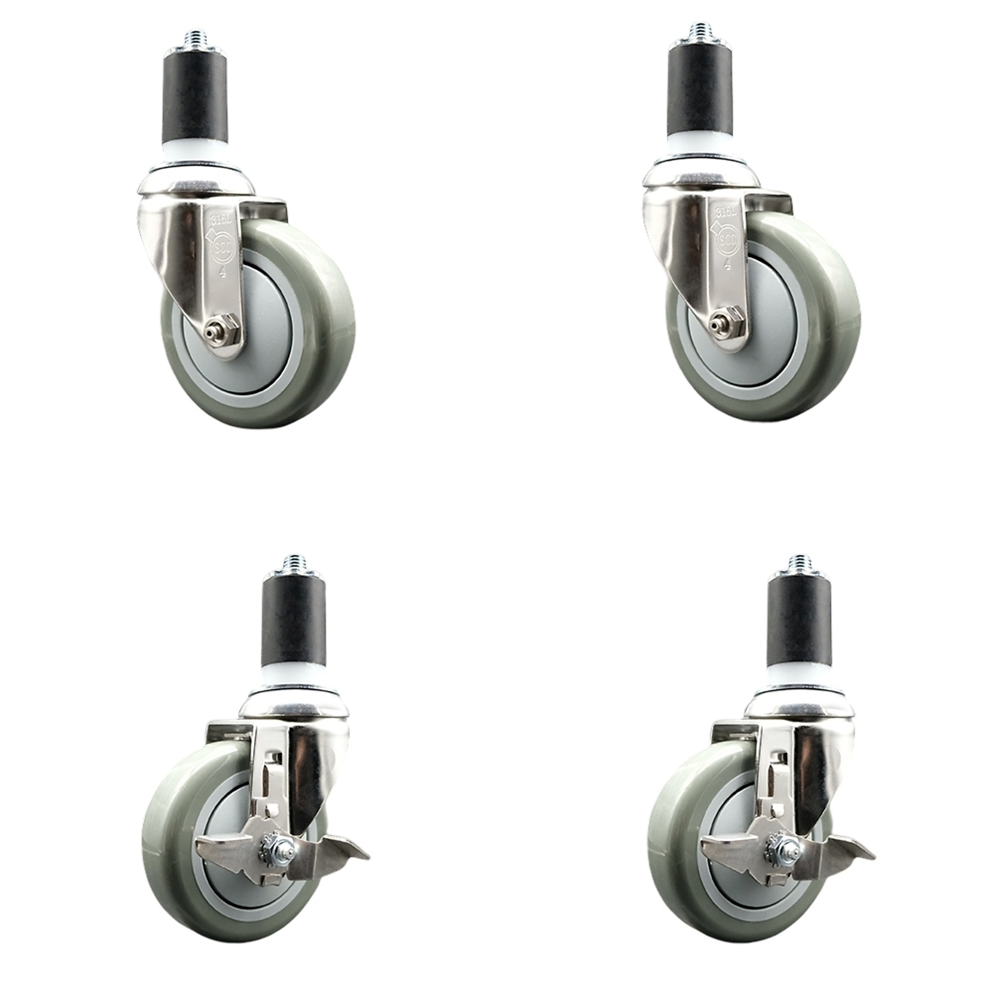 Service Caster, 4Inch x 1 1/4Inch Stem Casters, Wheel Diameter 4 in, Caster Type Swivel, Package (qty.) 4, Model SCC-SS316EX20S414-PPUB-2-TLB-2-158