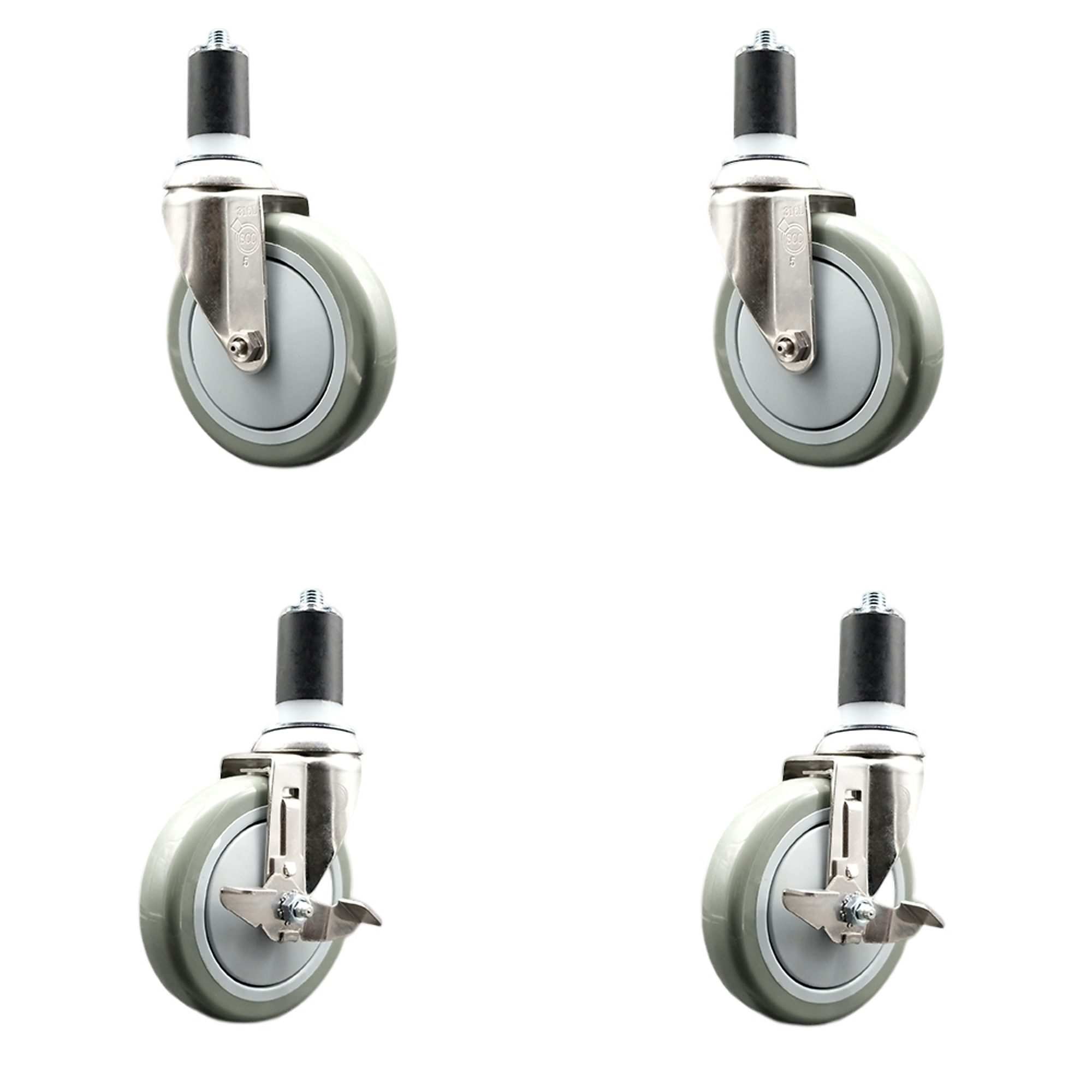 Service Caster, 5Inch x 1 1/4Inch Stem Casters, Wheel Diameter 5 in, Caster Type Swivel, Package (qty.) 4, Model SCC-SS316EX20S514-PPUB-2-TLB-2-158