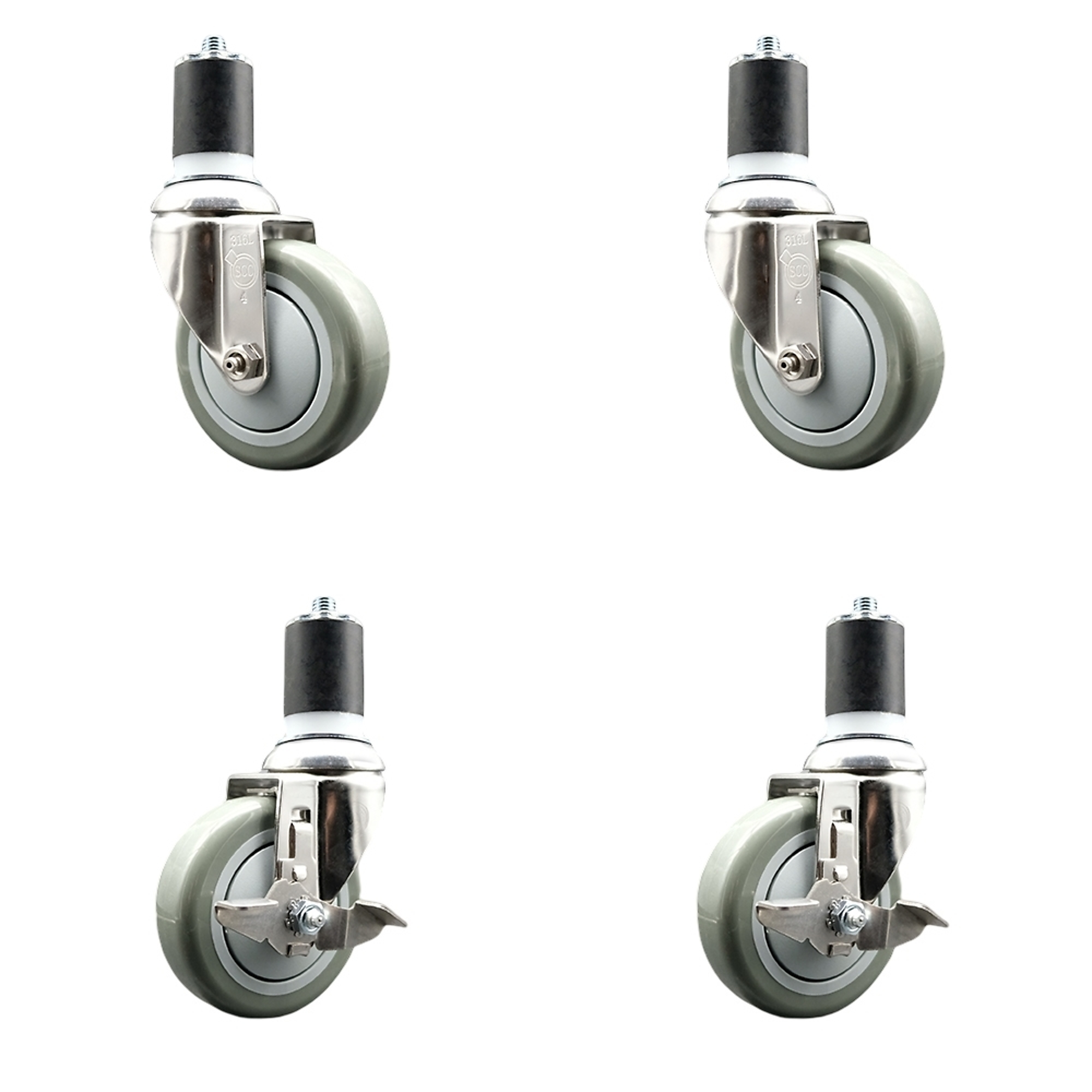 Service Caster, 4Inch x 1 1/4Inch Stem Casters, Wheel Diameter 4 in, Caster Type Swivel, Package (qty.) 4, Model SCC-SS316EX20S414-PPUB-2-TLB-2-134