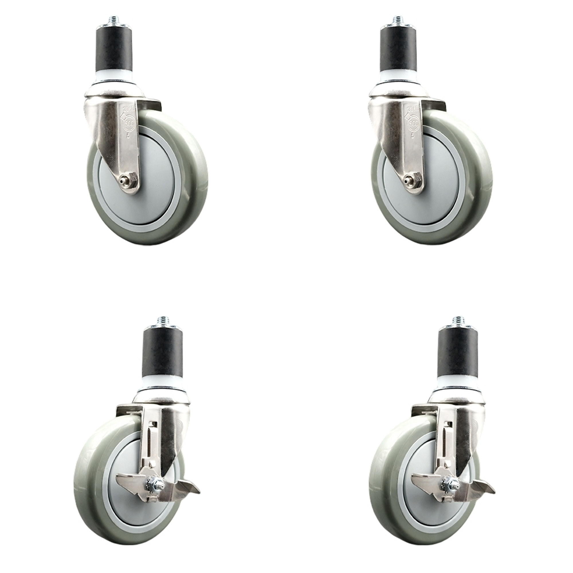 Service Caster, 5Inch x 1 1/4Inch Stem Casters, Wheel Diameter 5 in, Caster Type Swivel, Package (qty.) 4, Model SCC-SS316EX20S514-PPUB-2-TLB-2-134