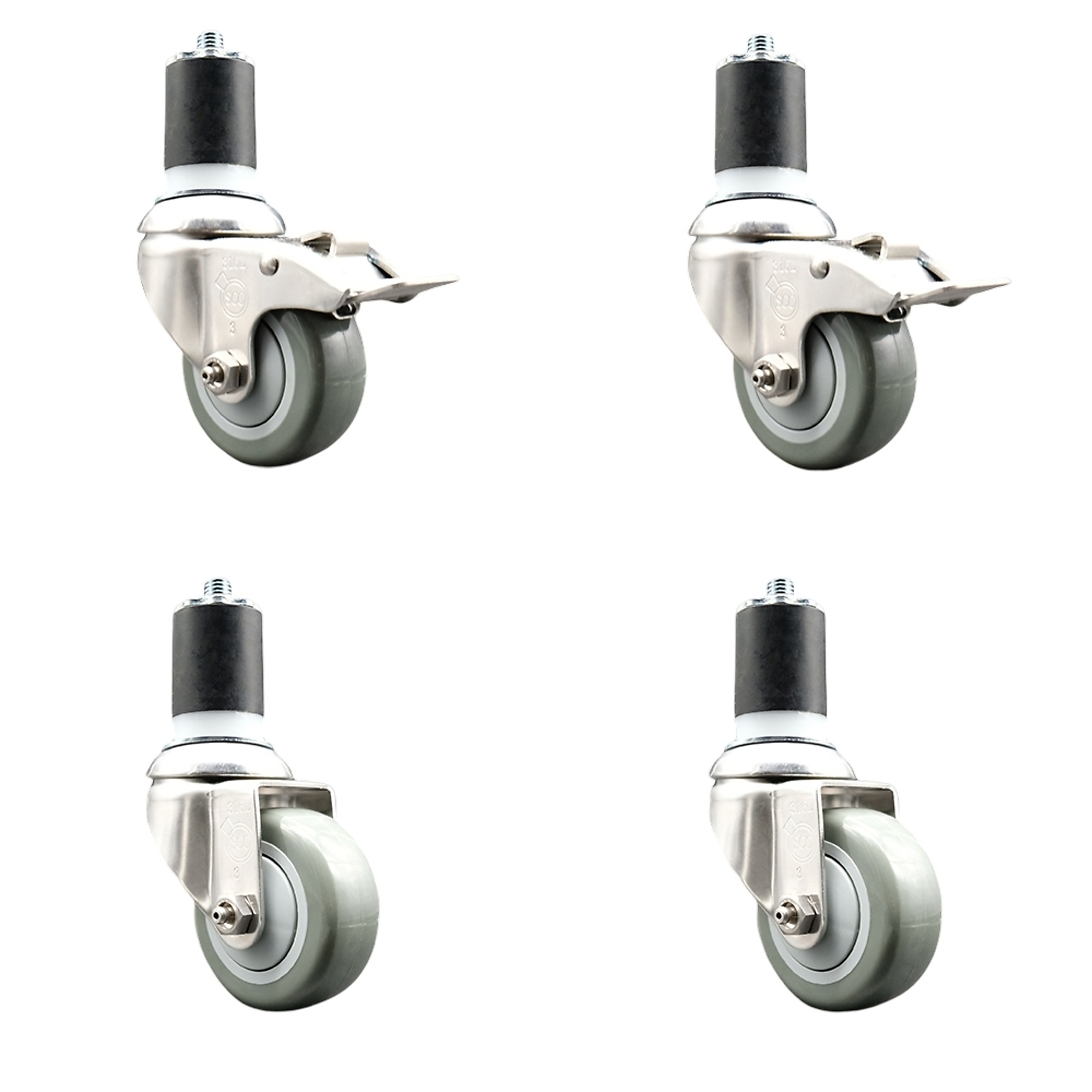 Service Caster, 3Inch x 1 1/4Inch Stem Casters, Wheel Diameter 3 in, Caster Type Swivel, Package (qty.) 4, Model SCC-SS316TTLEX20S314-PPUB-2-S-2-178