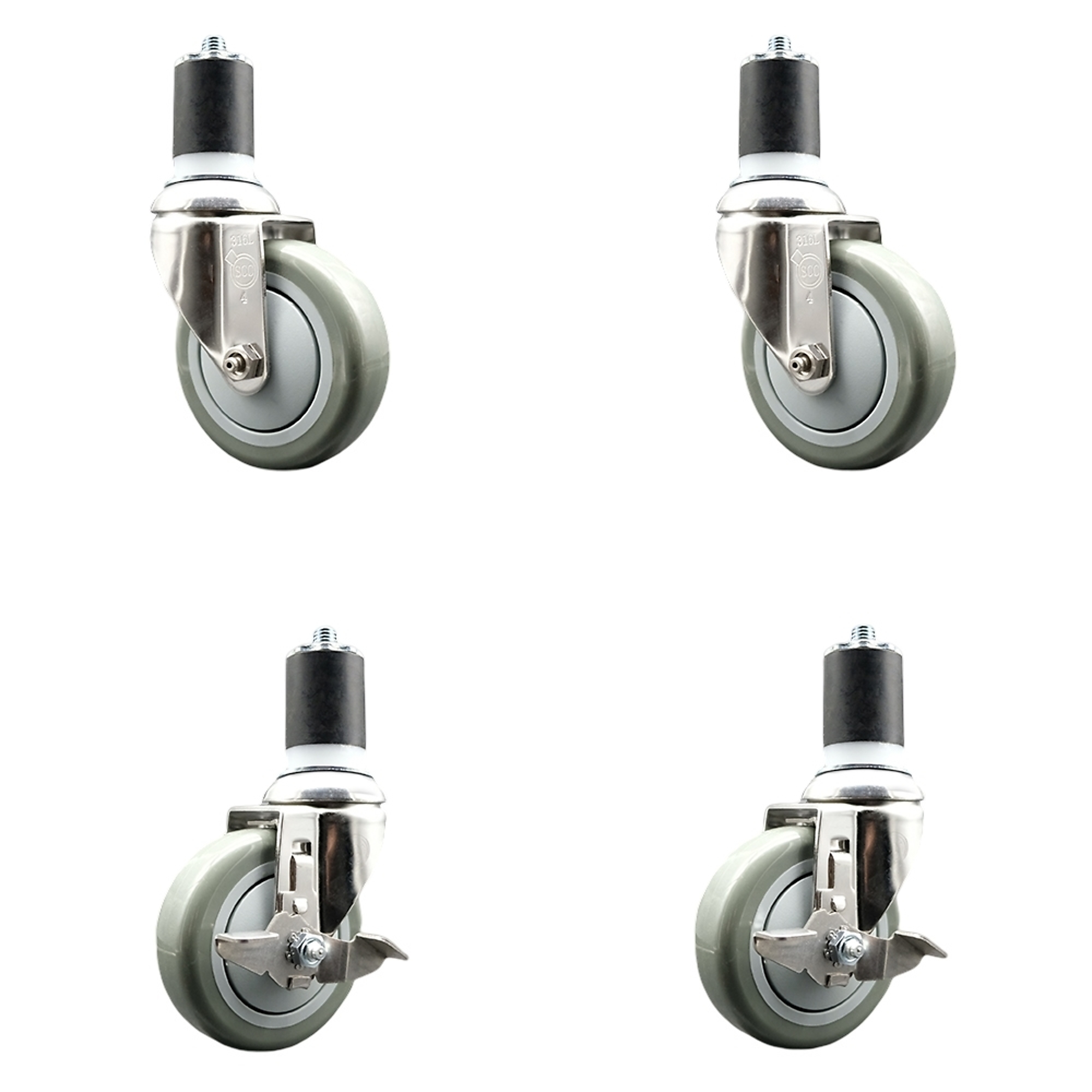 Service Caster, 4Inch x 1 1/4Inch Stem Casters, Wheel Diameter 4 in, Caster Type Swivel, Package (qty.) 4, Model SCC-SS316EX20S414-PPUB-2-TLB-2-178