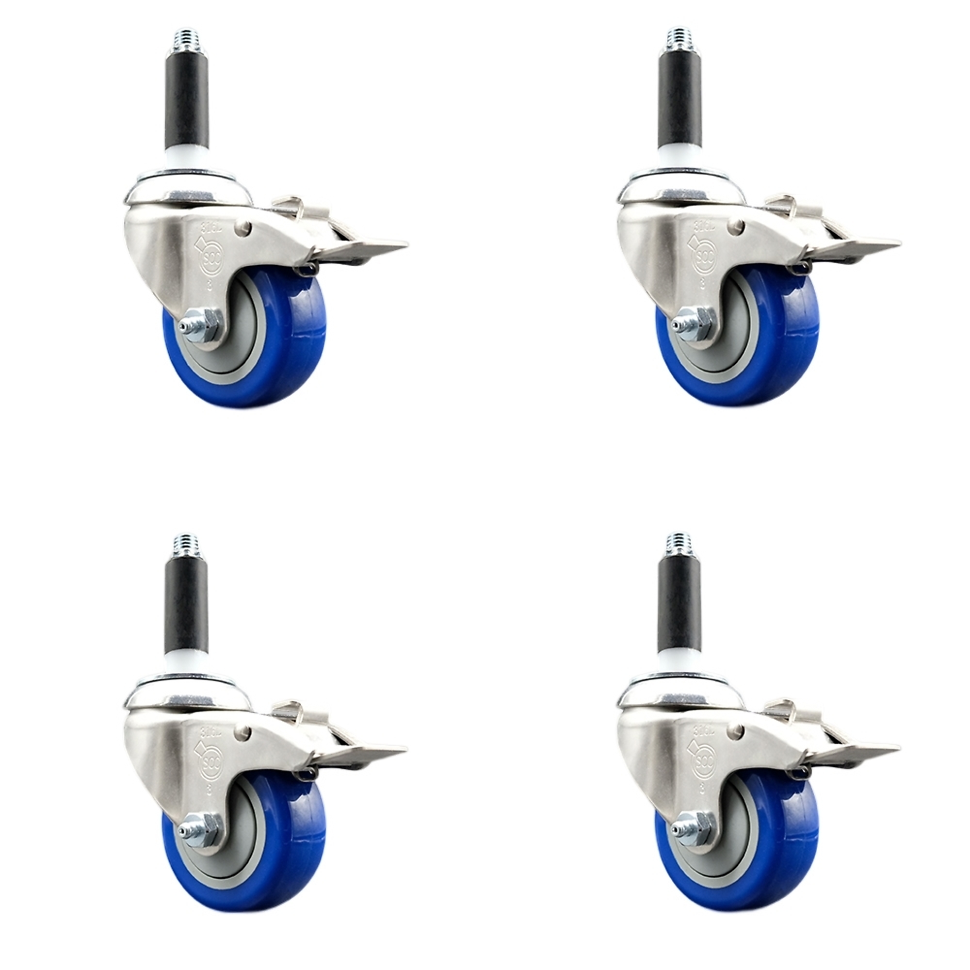 Service Caster, 3Inch x 1 1/4Inch Stem Casters, Wheel Diameter 3 in, Caster Type Swivel, Package (qty.) 4, Model SCC-SS316TTLEX20S314-PPUB-BLUE-34-4