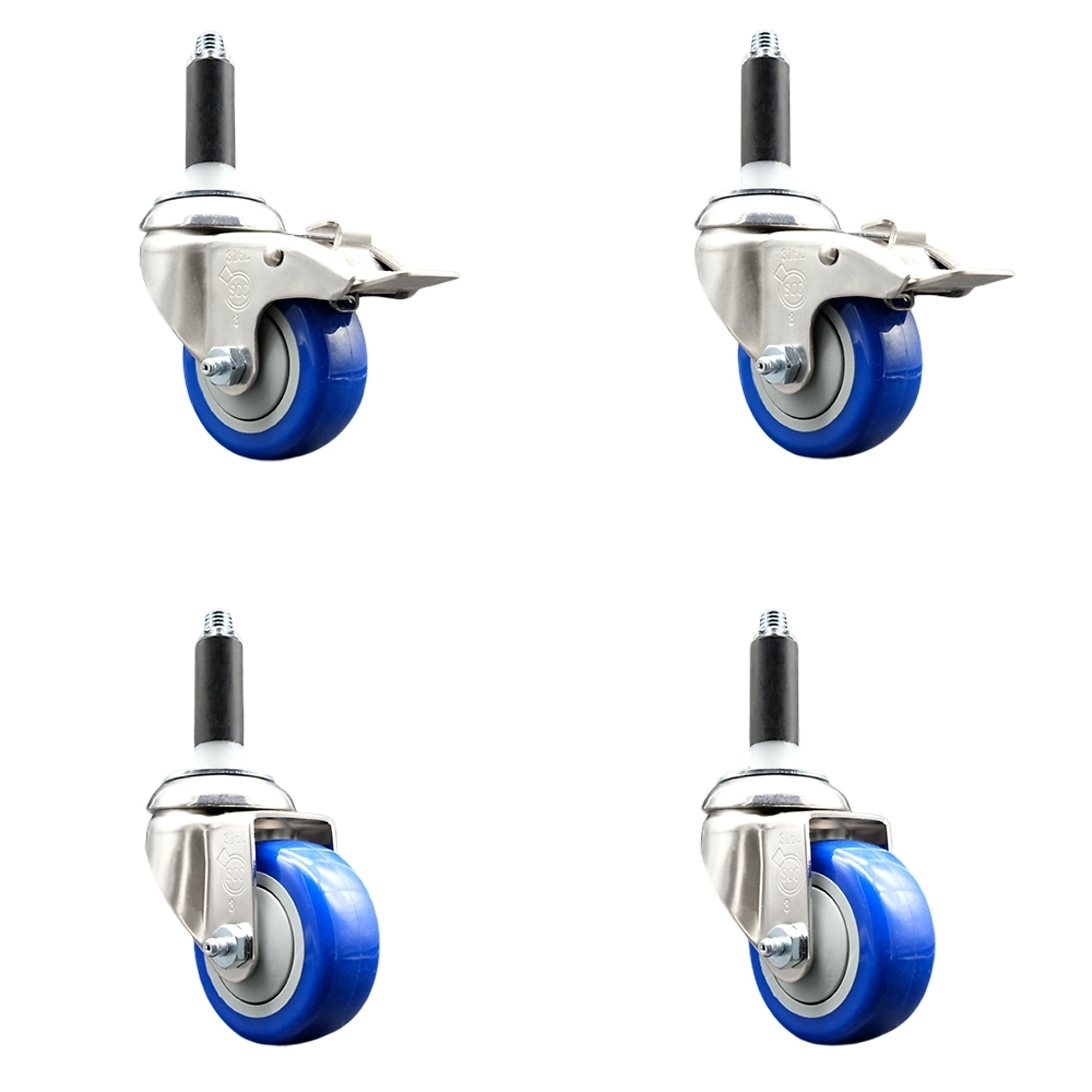 Service Caster, 3Inch x 1 1/4Inch Stem Casters, Wheel Diameter 3 in, Caster Type Swivel, Package (qty.) 4, Model SS316TTLEX20S314-PPUB-BLUE-2-S-2-34