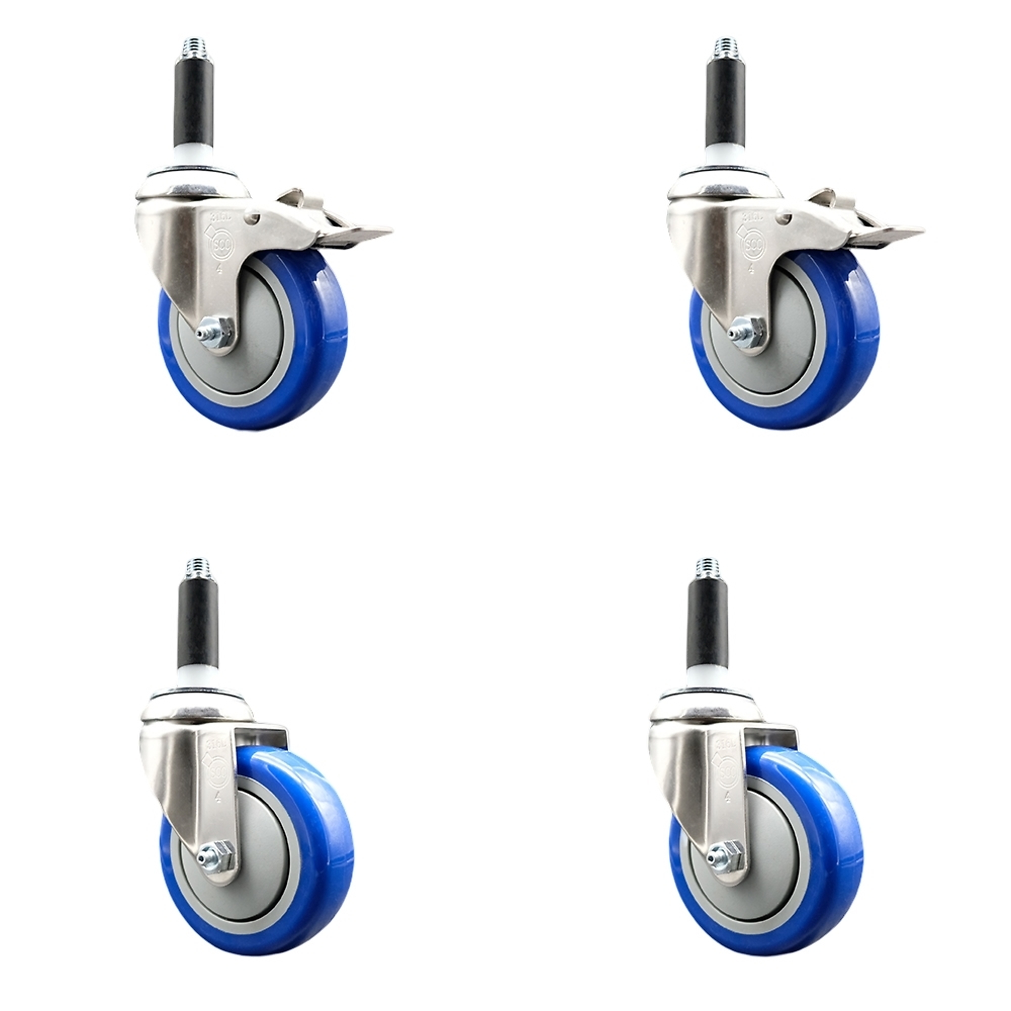 Service Caster, 4Inch x 1 1/4Inch Stem Casters, Wheel Diameter 4 in, Caster Type Swivel, Package (qty.) 4, Model SS316TTLEX20S414-PPUB-BLUE-2-S-2-34