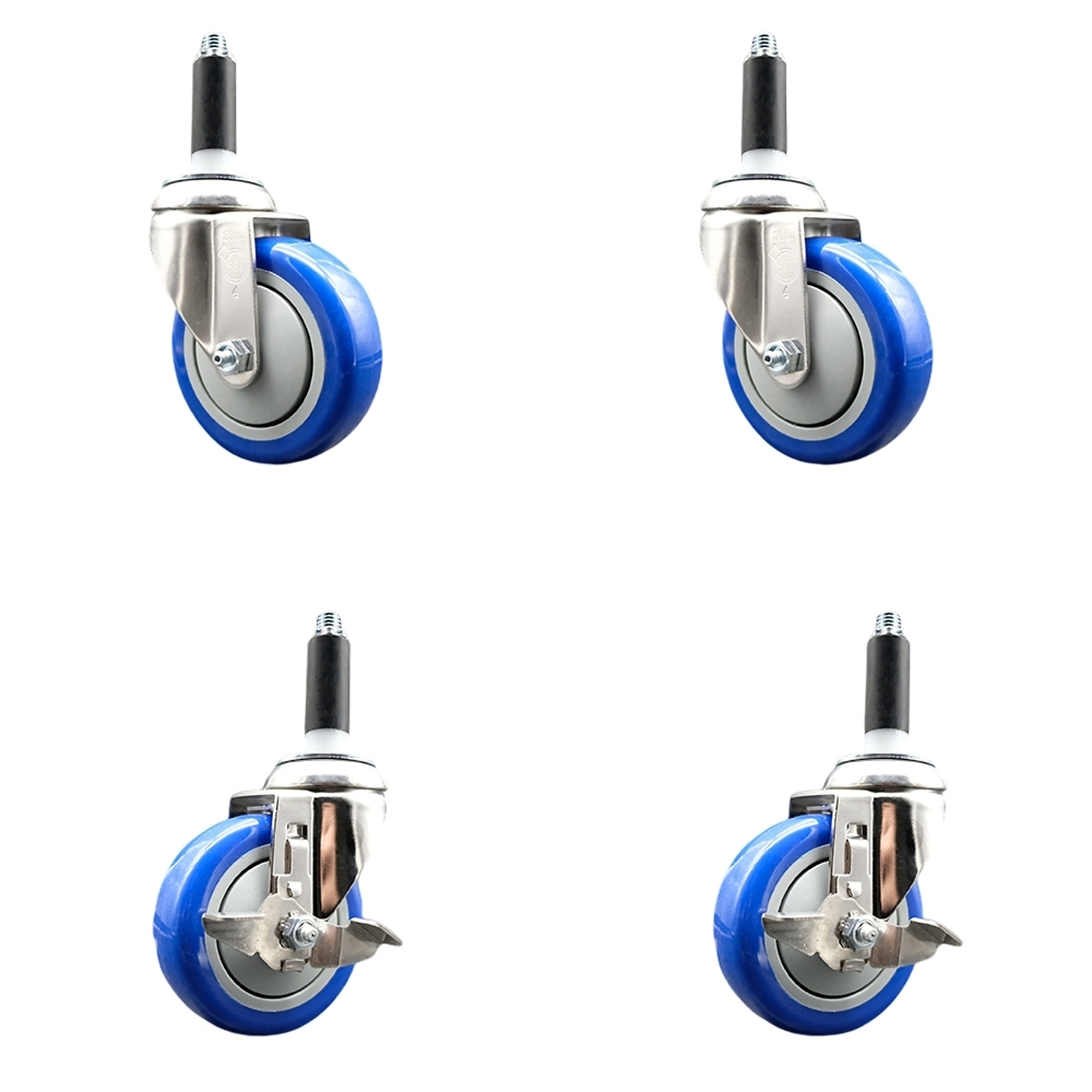 Service Caster, 4Inch x 1 1/4Inch Stem Casters, Wheel Diameter 4 in, Caster Type Swivel, Package (qty.) 4, Model SS316EX20S414-PPUB-BLUE-2-TLB-2-34