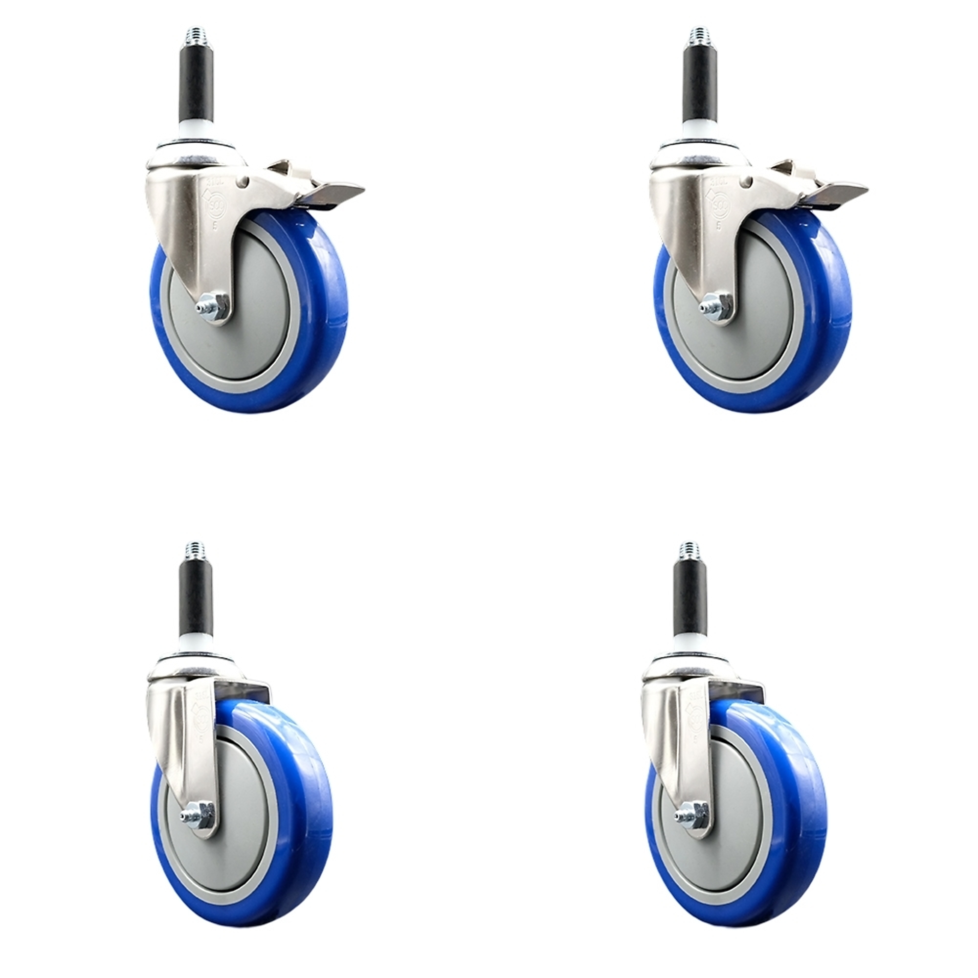 Service Caster, 5Inch x 1 1/4Inch Stem Casters, Wheel Diameter 5 in, Caster Type Swivel, Package (qty.) 4, Model SS316TTLEX20S514-PPUB-BLUE-2-S-2-34