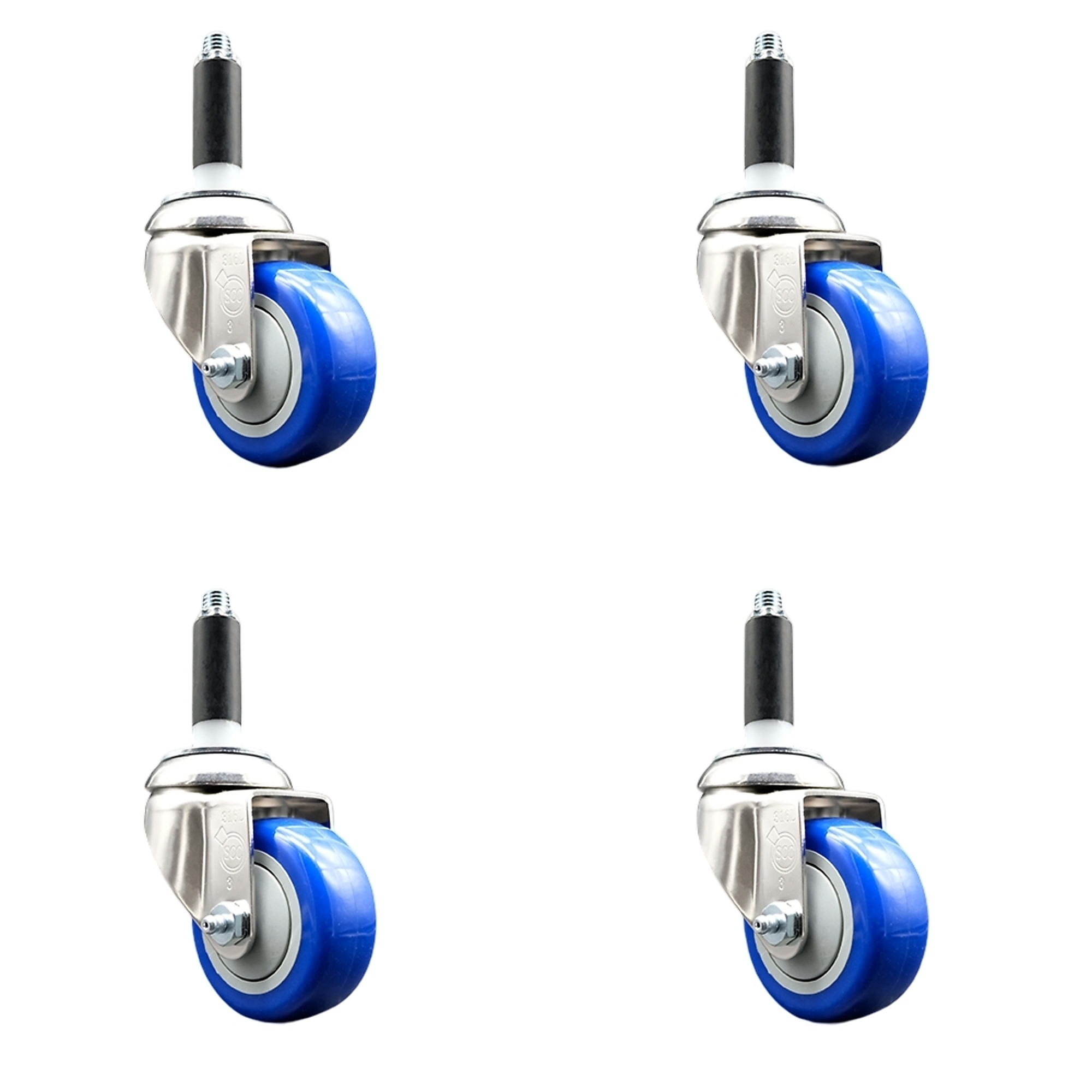 Service Caster, 3Inch x 1 1/4Inch Stem Casters, Wheel Diameter 3 in, Caster Type Swivel, Package (qty.) 4, Model SCC-SS316EX20S314-PPUB-BLUE-78-4