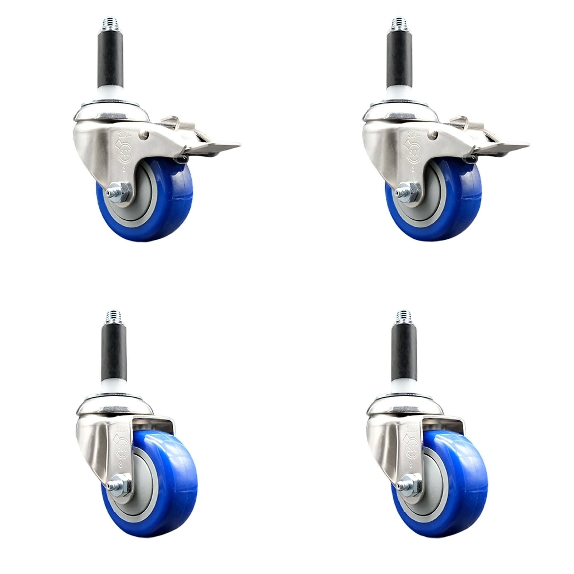 Service Caster, 3Inch x 1 1/4Inch Stem Casters, Wheel Diameter 3 in, Caster Type Swivel, Package (qty.) 4, Model SS316TTLEX20S314-PPUB-BLUE-2-S-2-78