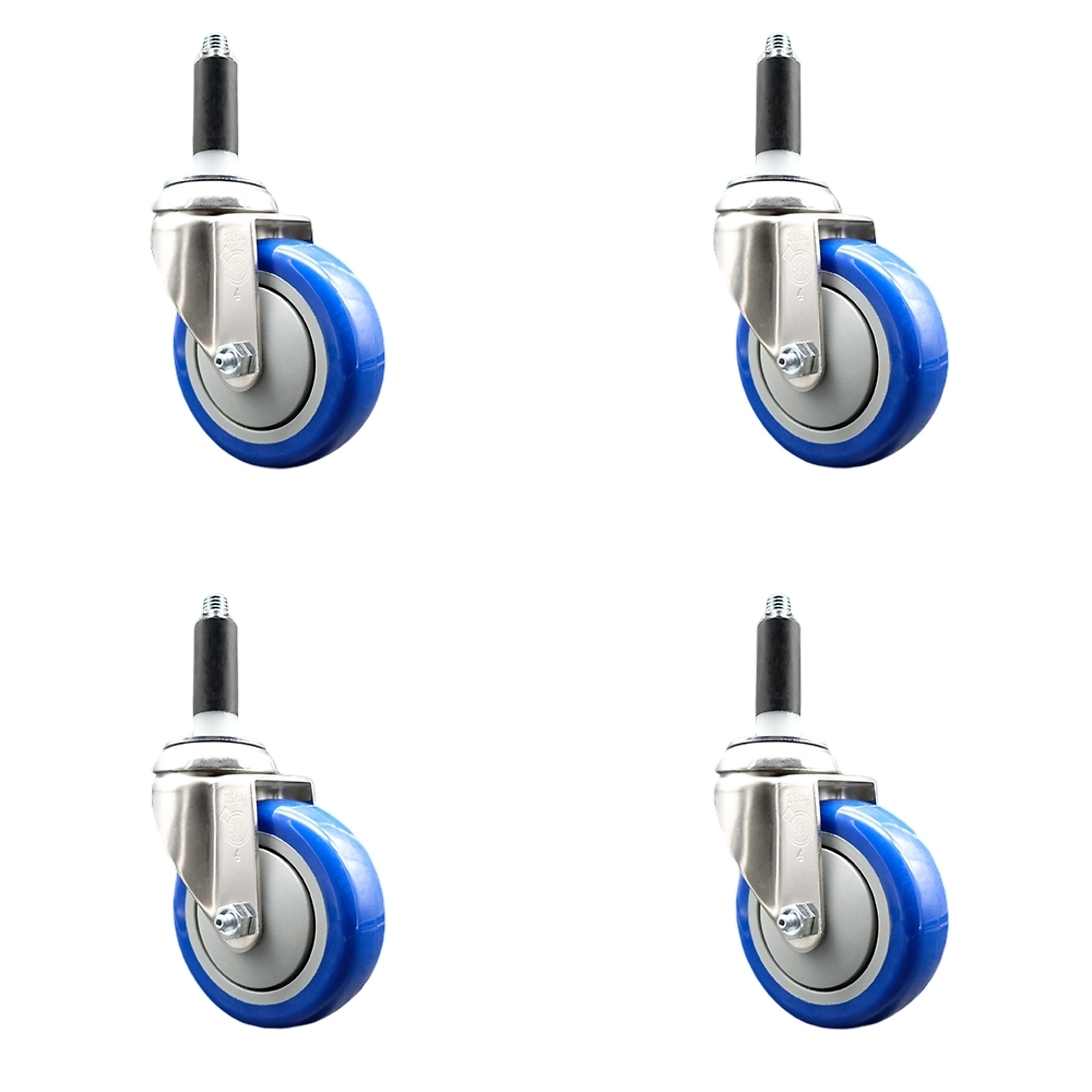 Service Caster, 4Inch x 1 1/4Inch Stem Casters, Wheel Diameter 4 in, Caster Type Swivel, Package (qty.) 4, Model SCC-SS316EX20S414-PPUB-BLUE-78-4