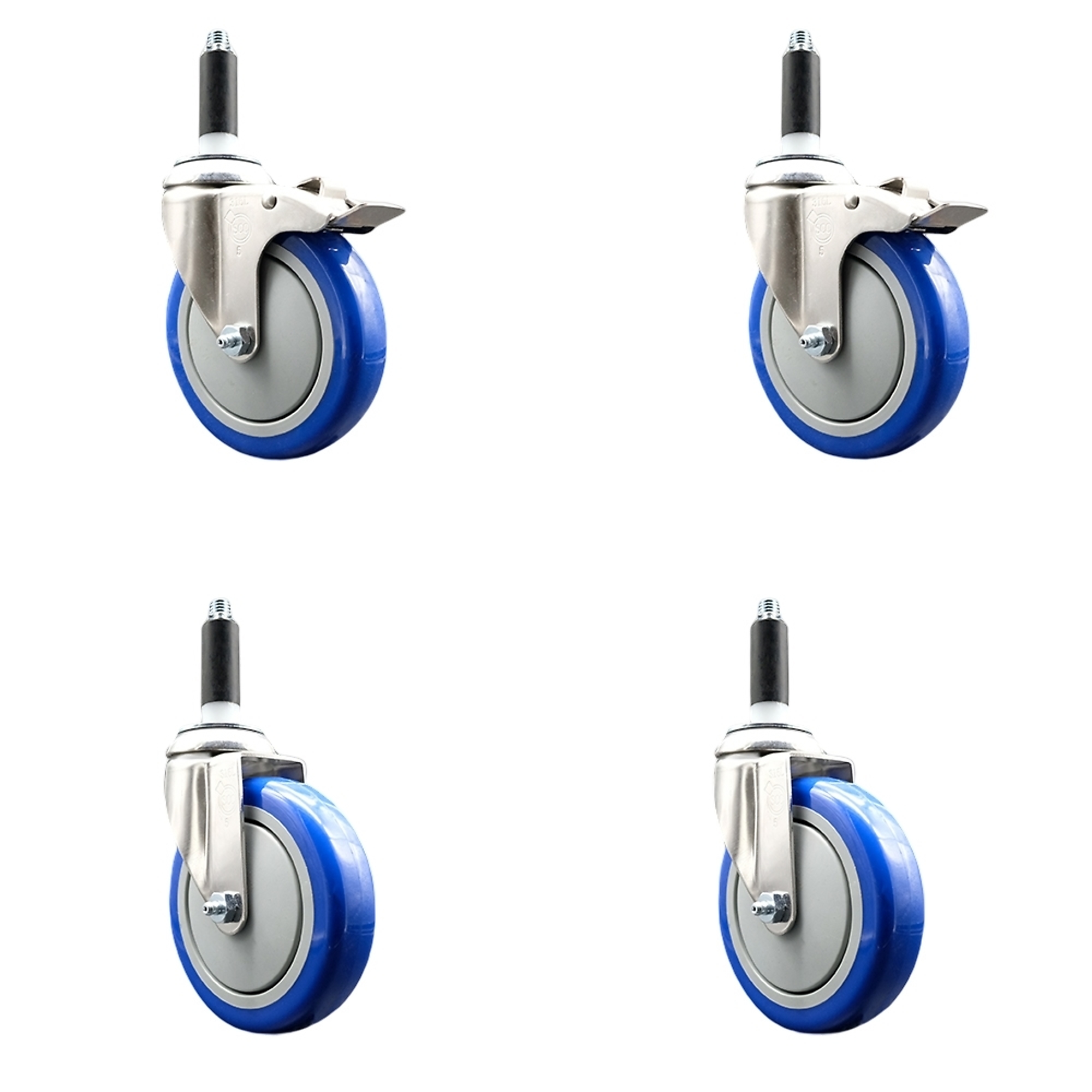 Service Caster, 5Inch x 1 1/4Inch Stem Casters, Wheel Diameter 5 in, Caster Type Swivel, Package (qty.) 4, Model SS316TTLEX20S514-PPUB-BLUE-2-S-2-78