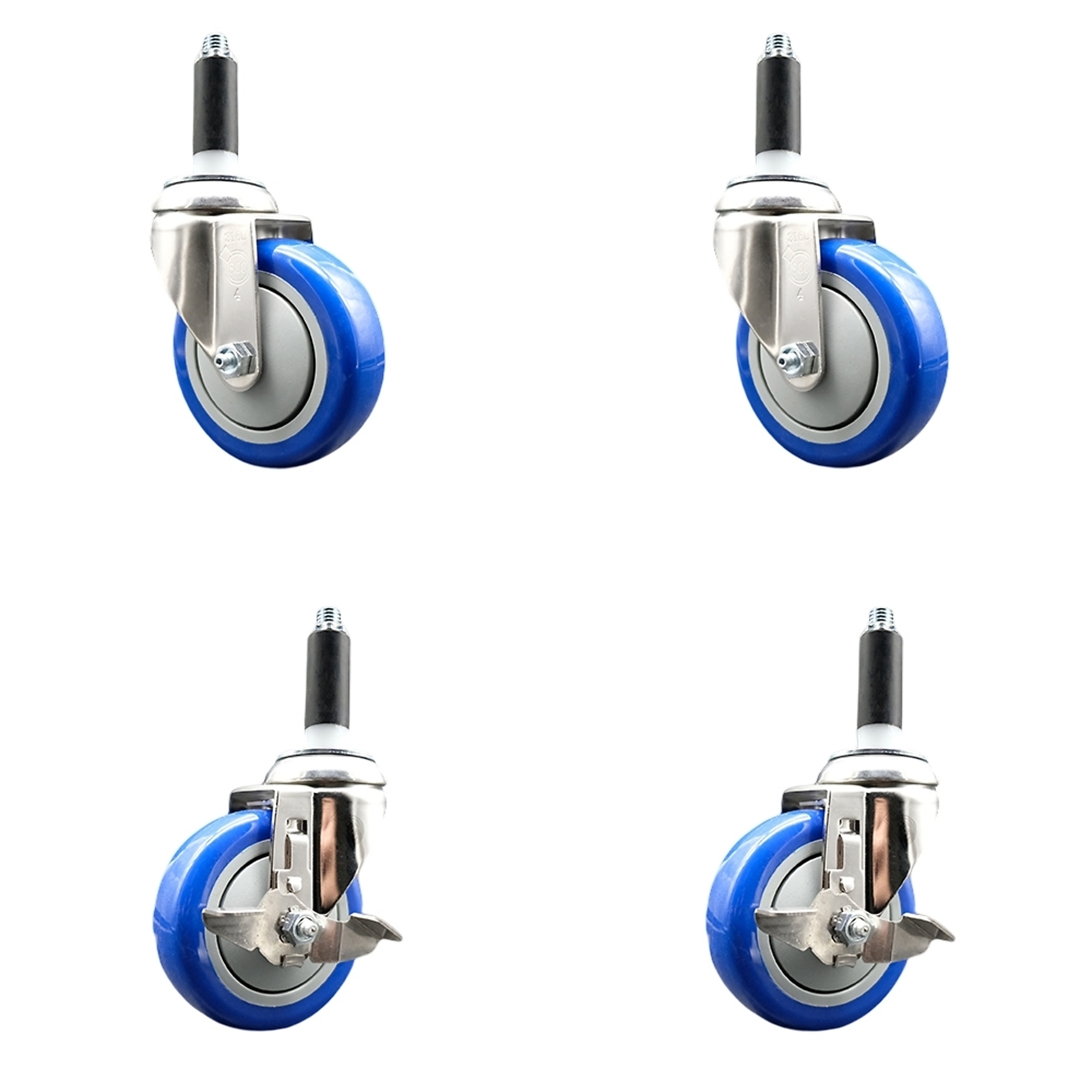 Service Caster, 4Inch x 1 1/4Inch Stem Casters, Wheel Diameter 4 in, Caster Type Swivel, Package (qty.) 4, Model SS316EX20S414-PPUB-BLUE-2-TLB-2-78