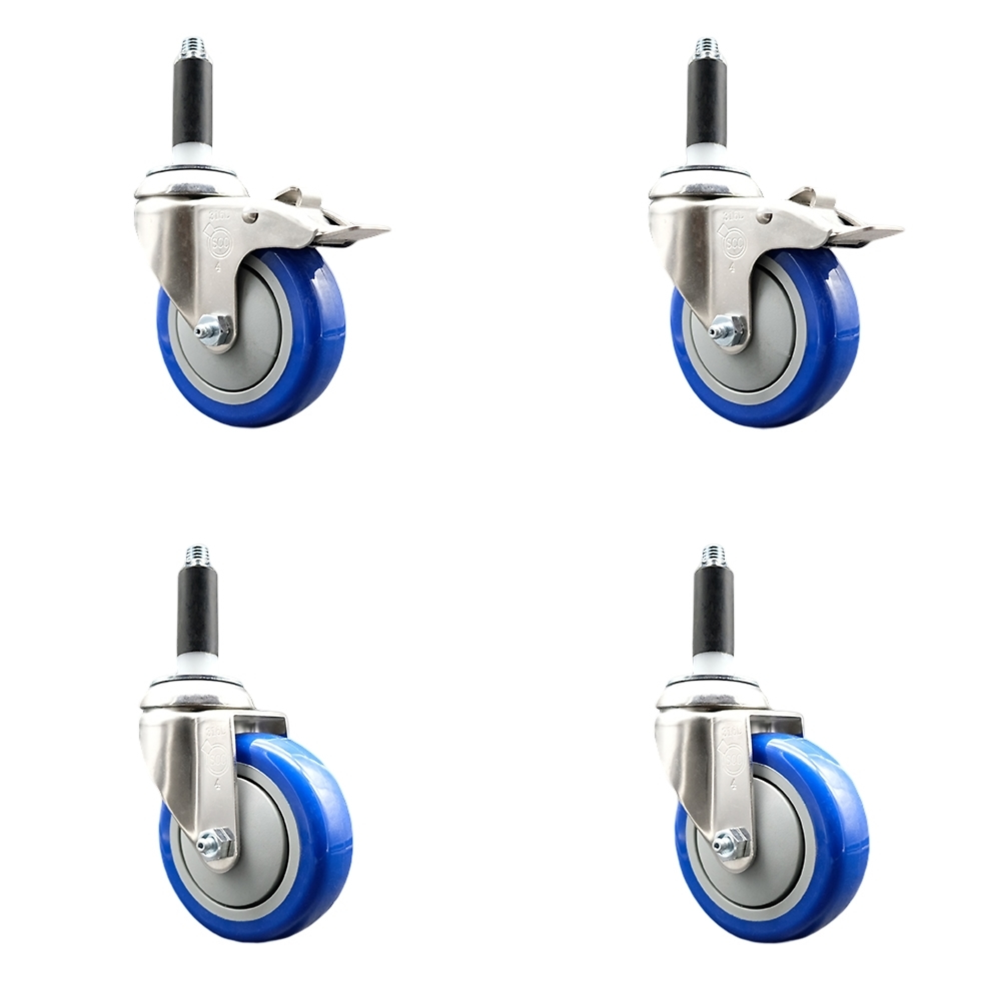 Service Caster, 4Inch x 1 1/4Inch Stem Casters, Wheel Diameter 4 in, Caster Type Swivel, Package (qty.) 4, Model SS316TTLEX20S414-PPUB-BLUE-2-S-2-78