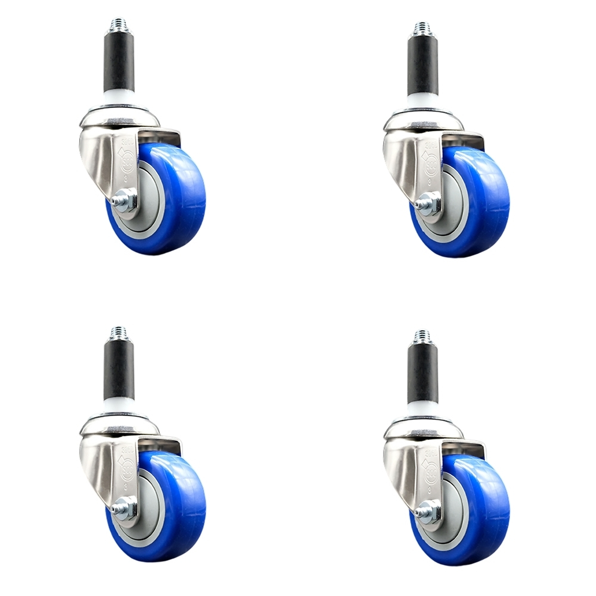 Service Caster, 3Inch x 1 1/4Inch Stem Casters, Wheel Diameter 3 in, Caster Type Swivel, Package (qty.) 4, Model SCC-SS316EX20S314-PPUB-BLUE-1-4