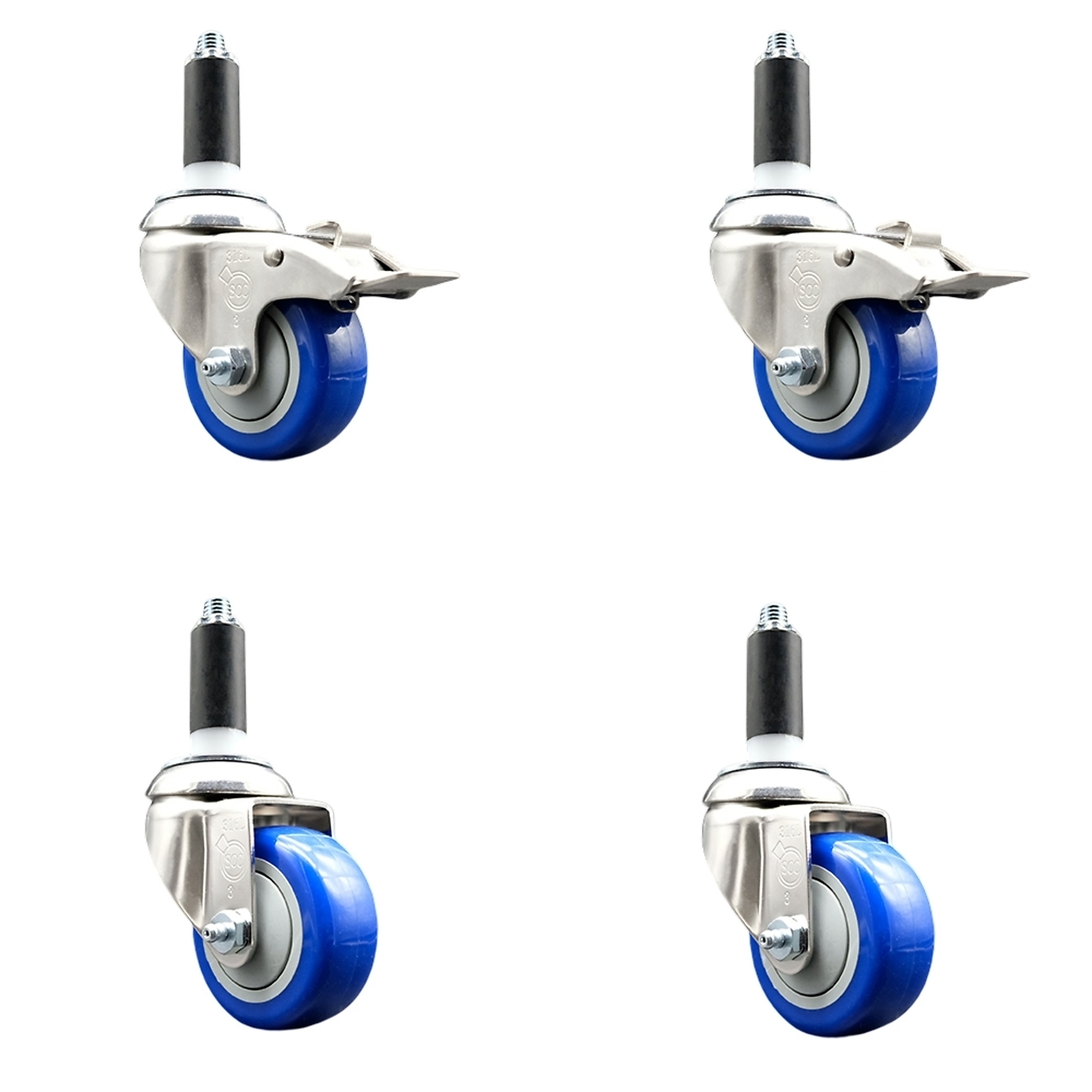 Service Caster, 3Inch x 1 1/4Inch Stem Casters, Wheel Diameter 3 in, Caster Type Swivel, Package (qty.) 4, Model SS316TTLEX20S314-PPUB-BLUE-2-S-2-1