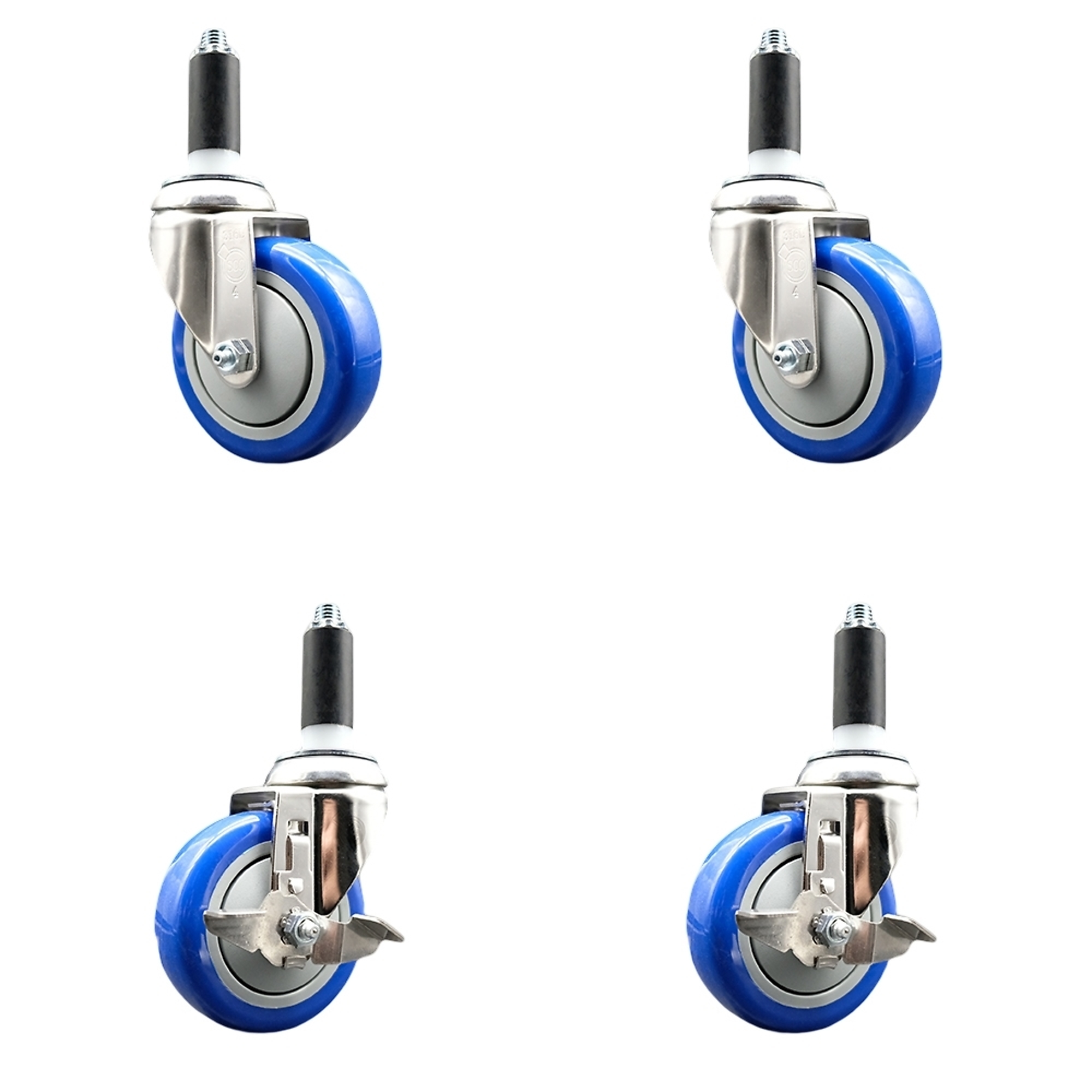 Service Caster, 4Inch x 1 1/4Inch Stem Casters, Wheel Diameter 4 in, Caster Type Swivel, Package (qty.) 4, Model SCC-SS316EX20S414-PPUBBLUE-2-TLB-2-1