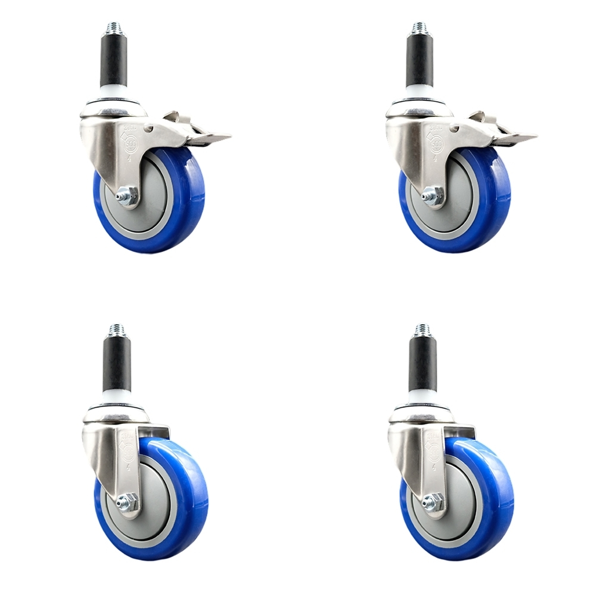 Service Caster, 4Inch x 1 1/4Inch Stem Casters, Wheel Diameter 4 in, Caster Type Swivel, Package (qty.) 4, Model SS316TTLEX20S414-PPUB-BLUE-2-S-2-1