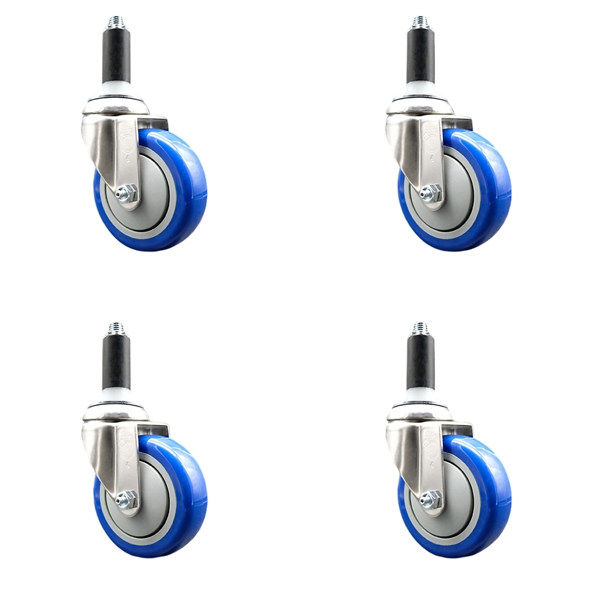 Service Caster, 4Inch x 1 1/4Inch Stem Casters, Wheel Diameter 4 in, Caster Type Swivel, Package (qty.) 4, Model SCC-SS316EX20S414-PPUB-BLUE-1-4