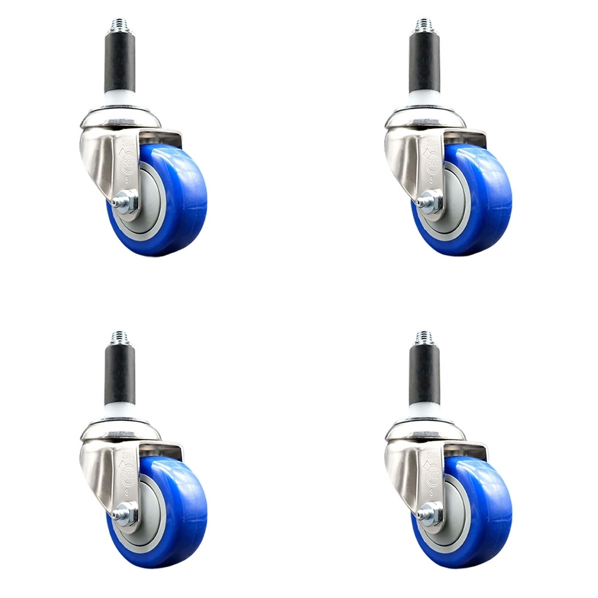 Service Caster, 3Inch x 1 1/4Inch Stem Casters, Wheel Diameter 3 in, Caster Type Swivel, Package (qty.) 4, Model SCC-SS316EX20S314-PPUB-BLUE-118-4