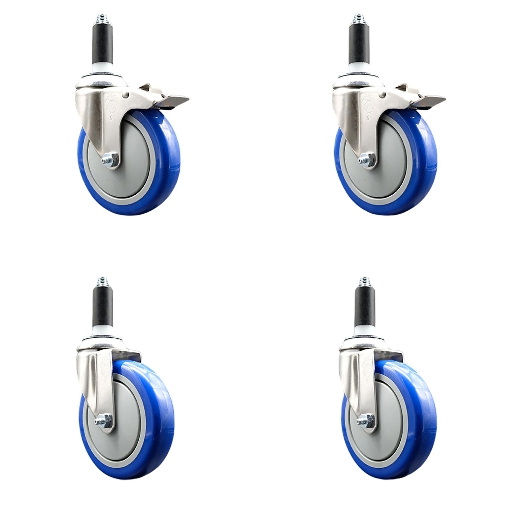 Service Caster, 5Inch x 1 1/4Inch Stem Casters, Wheel Diameter 5 in, Caster Type Swivel, Package (qty.) 4, Model SS316TTLEX20S514-PPUB-BLUE-2-S-2-1