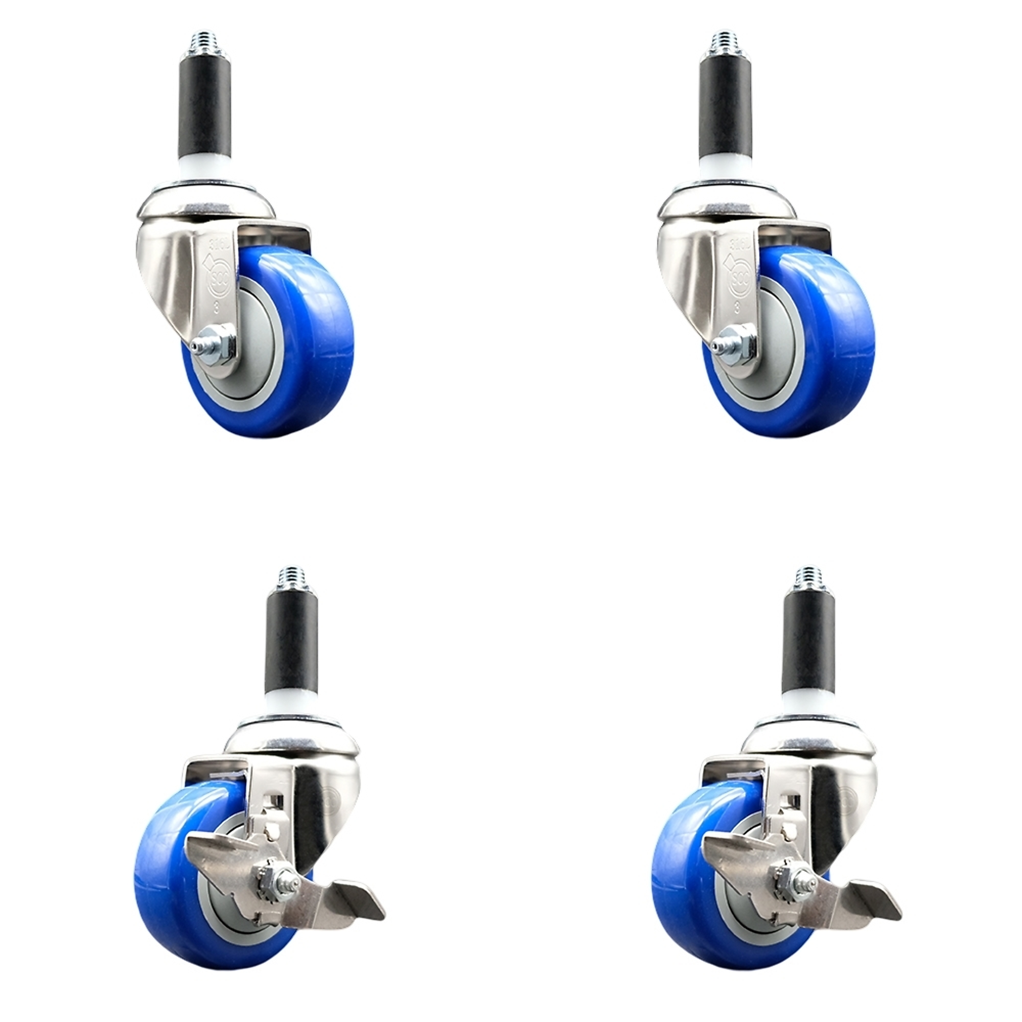 Service Caster, 3Inch x 1 1/4Inch Stem Casters, Wheel Diameter 3 in, Caster Type Swivel, Package (qty.) 4, Model SS316EX20S314-PPUB-BLUE-2-TLB-2-118