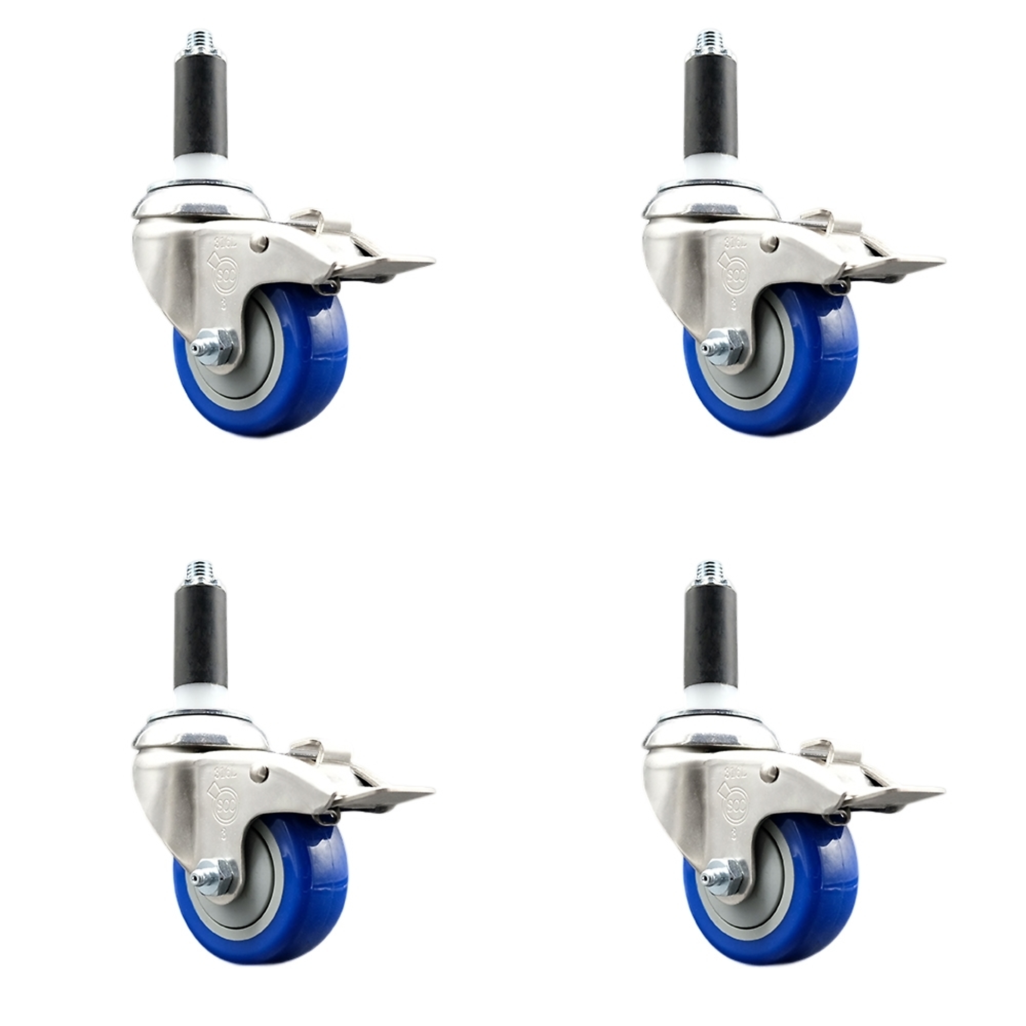 Service Caster, 3Inch x 1 1/4Inch Stem Casters, Wheel Diameter 3 in, Caster Type Swivel, Package (qty.) 4, Model SCC-SS316TTLEX20S314-PPUB-BLUE-118-4