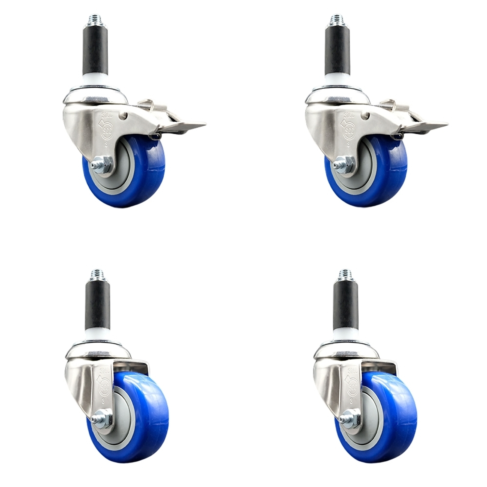 Service Caster, 3 1/2Inch x 1 1/4Inch Stem Casters, Wheel Diameter 3.5 in, Caster Type Swivel, Package (qty.) 4, Model SS316TTLEX20S3514-PPUBBLUE-2-S-