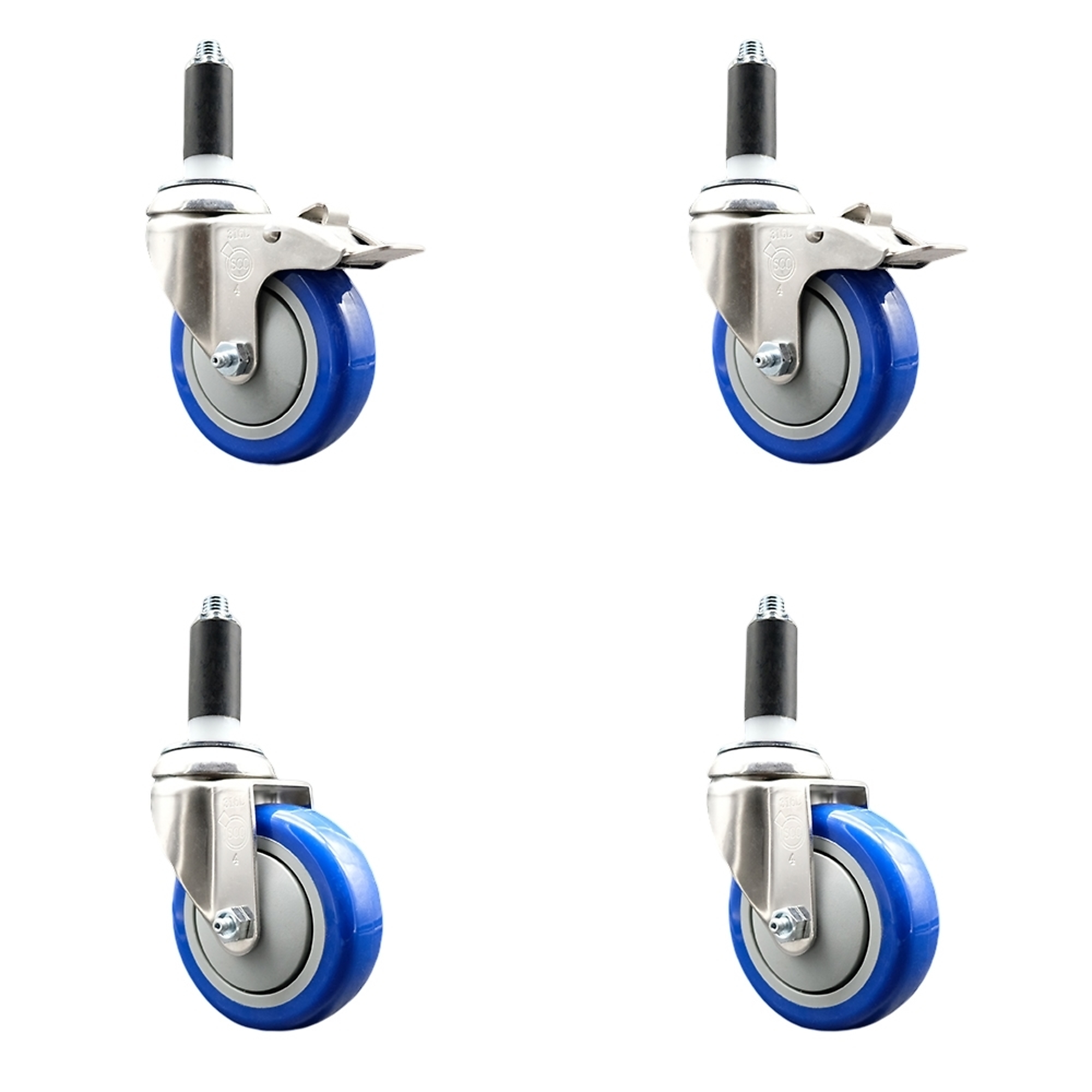 Service Caster, 4Inch x 1 1/4Inch Stem Casters, Wheel Diameter 4 in, Caster Type Swivel, Package (qty.) 4, Model SS316TTLEX20S414-PPUB-BLUE-2-S-2-118