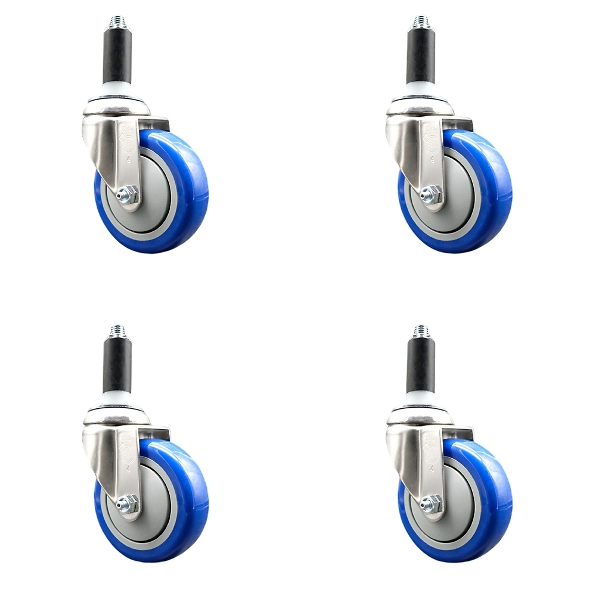 Service Caster, 4Inch x 1 1/4Inch Stem Casters, Wheel Diameter 4 in, Caster Type Swivel, Package (qty.) 4, Model SCC-SS316EX20S414-PPUB-BLUE-118-4