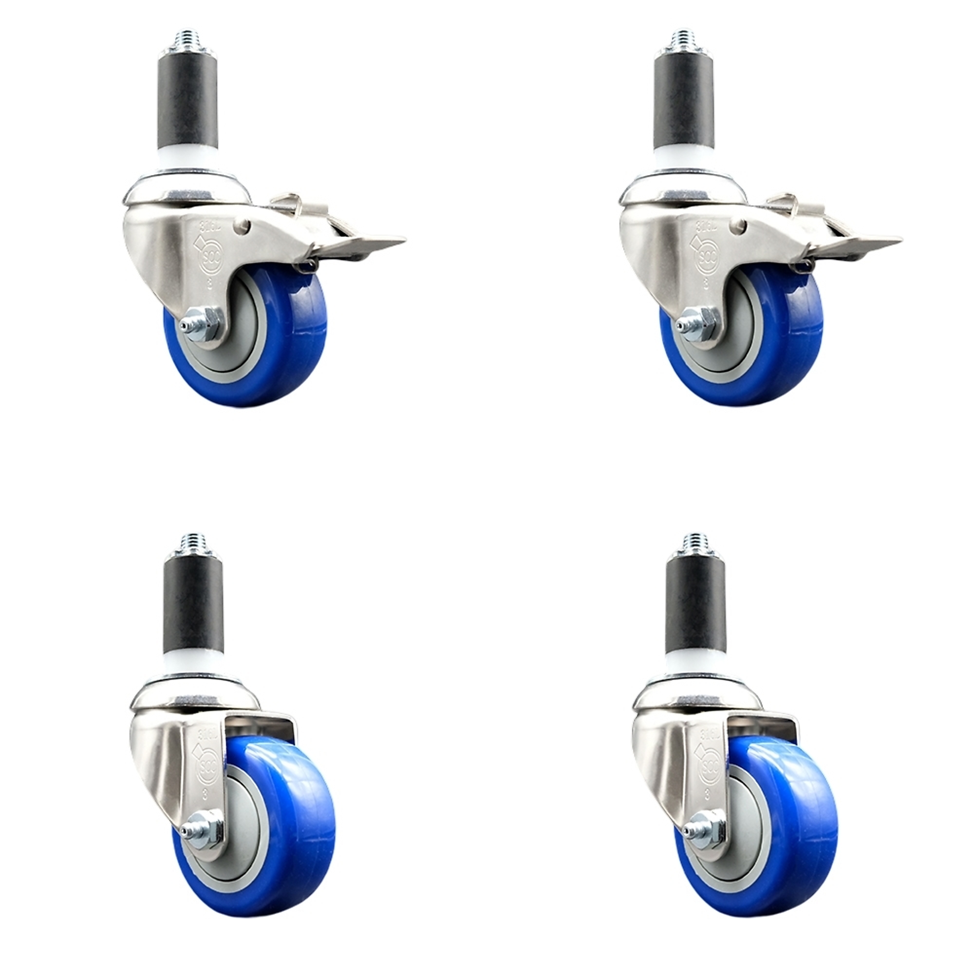 Service Caster, 3Inch x 1 1/4Inch Stem Casters, Wheel Diameter 3 in, Caster Type Swivel, Package (qty.) 4, Model SS316TTLEX20S314-PPUB-BLUE-2-S-2-114