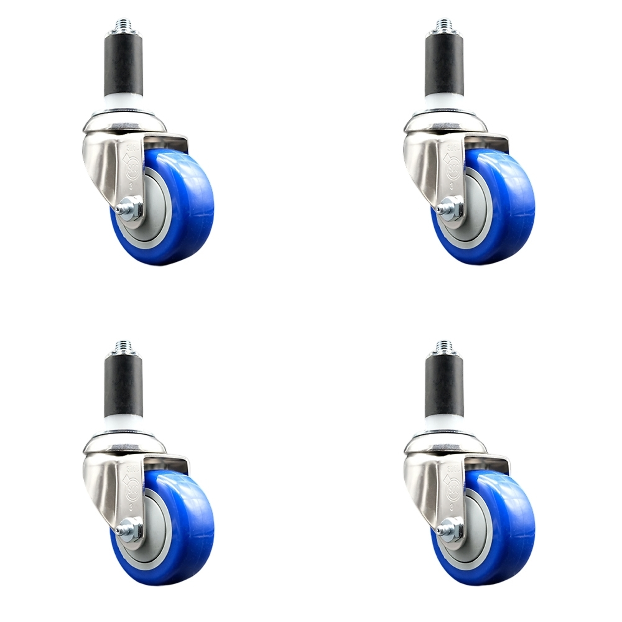 Service Caster, 3 1/2Inch x 1 1/4Inch Stem Casters, Wheel Diameter 3.5 in, Caster Type Swivel, Package (qty.) 4, Model SCC-SS316EX20S3514-PPUB-BLUE-