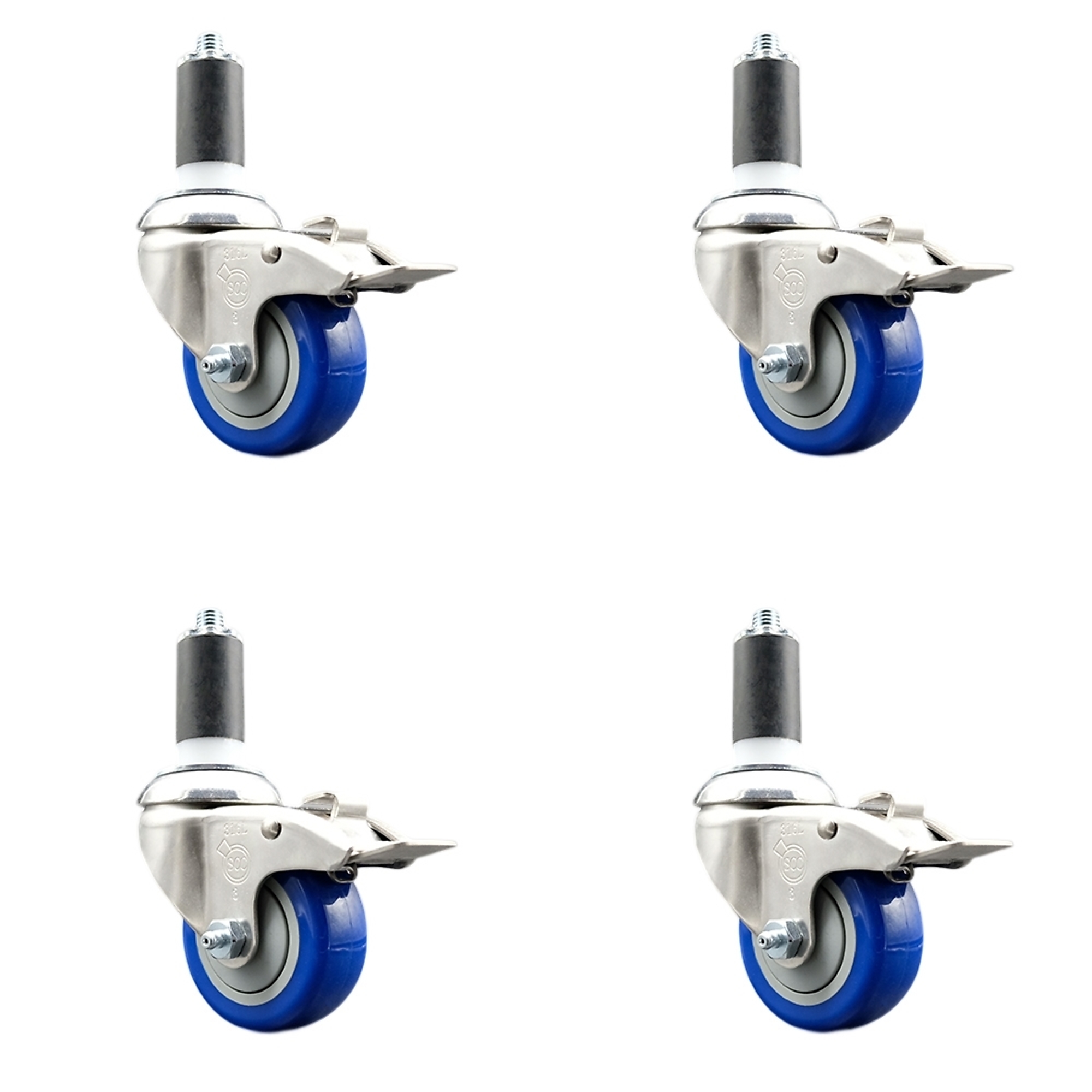 Service Caster, 3Inch x 1 1/4Inch Stem Casters, Wheel Diameter 3 in, Caster Type Swivel, Package (qty.) 4, Model SCC-SS316TTLEX20S314-PPUB-BLUE-114-4