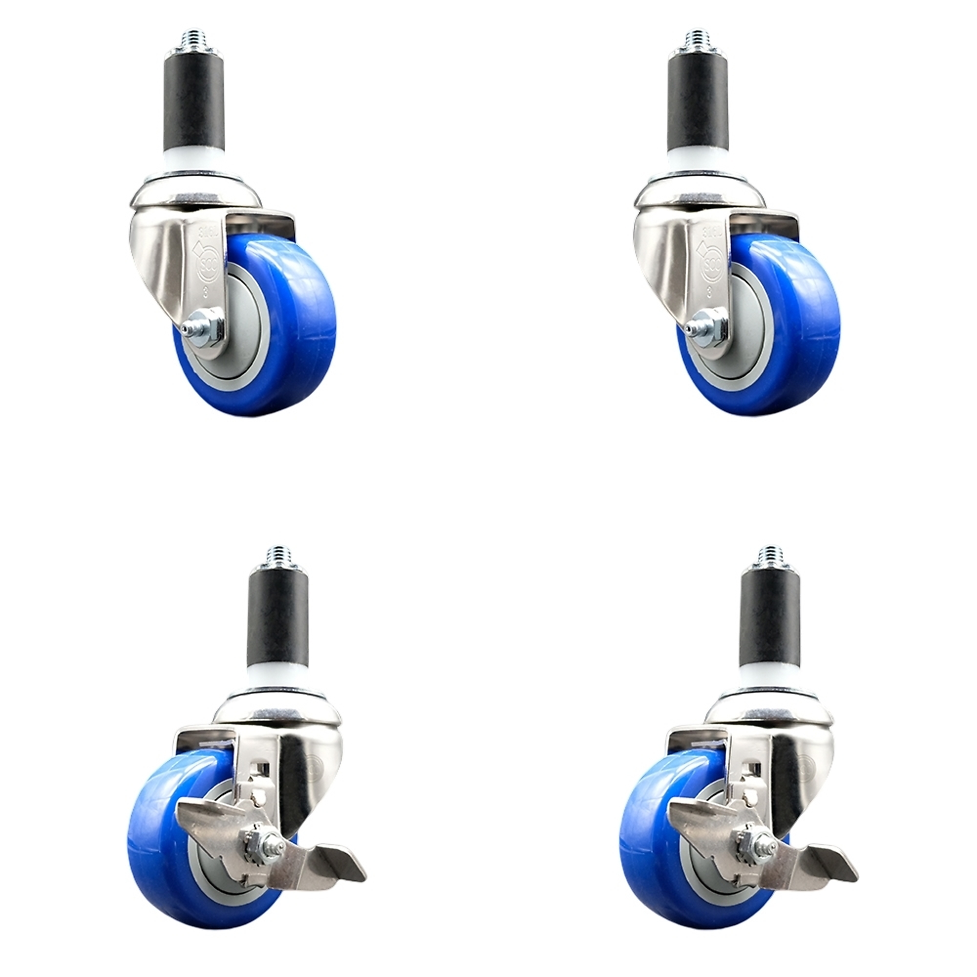 Service Caster, 3Inch x 1 1/4Inch Stem Casters, Wheel Diameter 3 in, Caster Type Swivel, Package (qty.) 4, Model SS316EX20S314-PPUB-BLUE-2-TLB-2-114